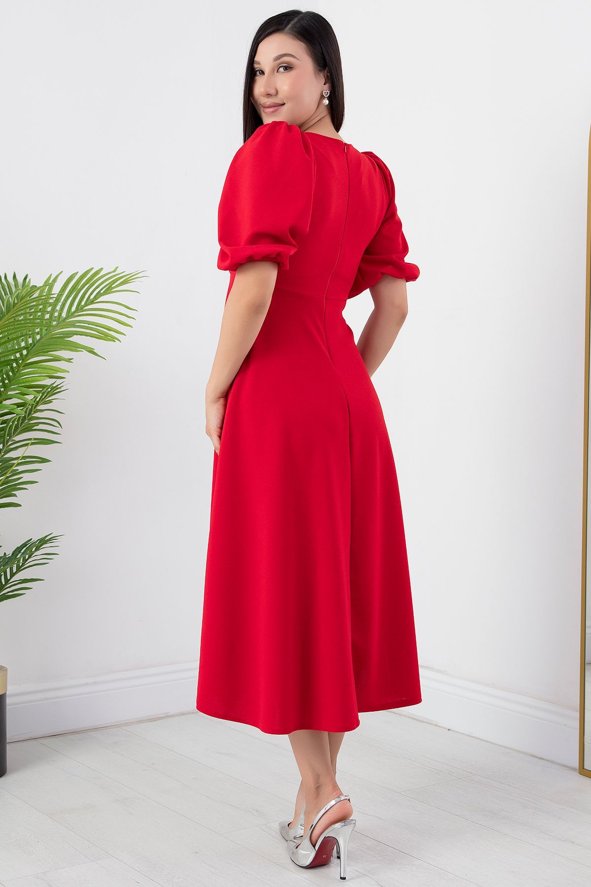 PULLIMM-Rochie creponată cu mâneci cu balon cu pietre la piept - GRS3578 7