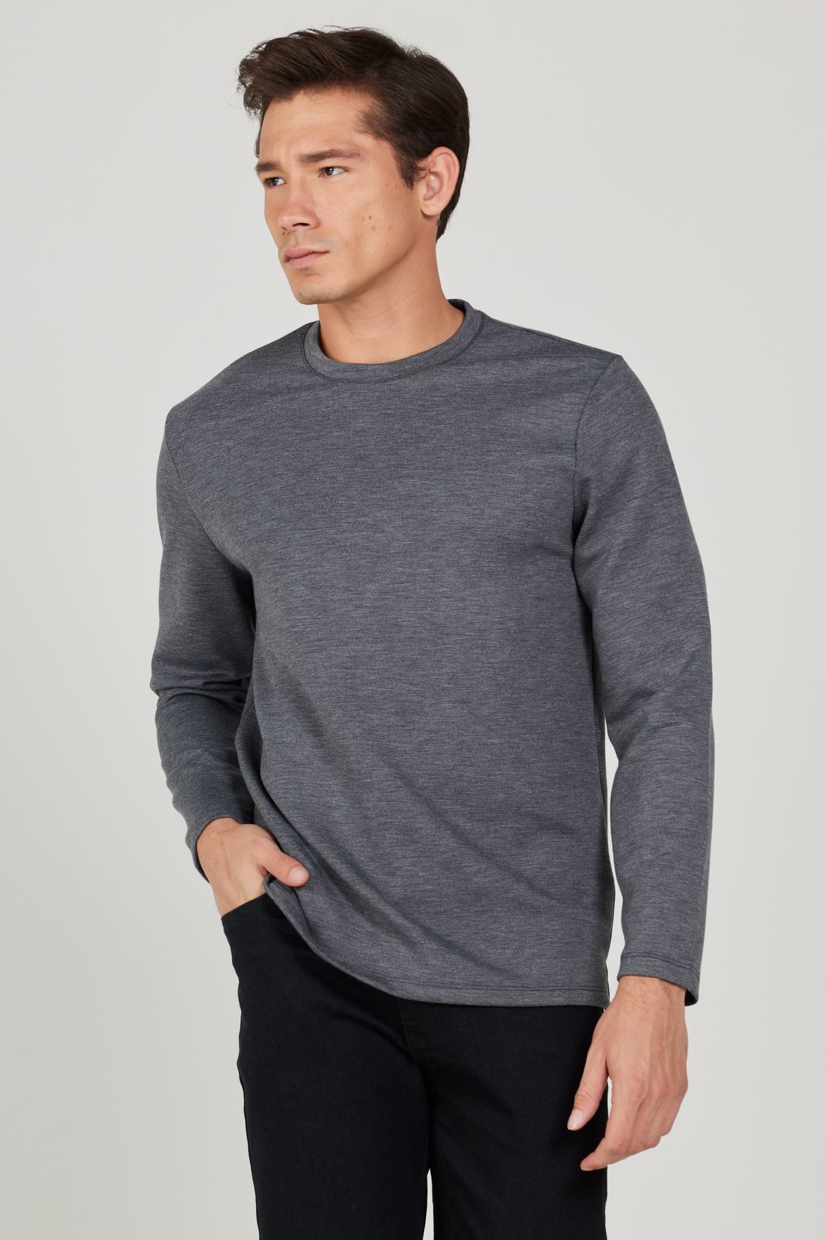 Erkek Antrasit-Melanj Slim Fit Dar Kesim Bisiklet Yaka Tişört