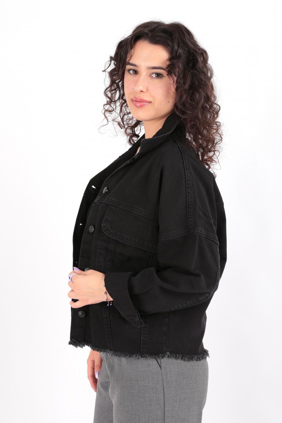 Hadise-5175 Model - Denim Jacket with Double Pockets and Tassels 2