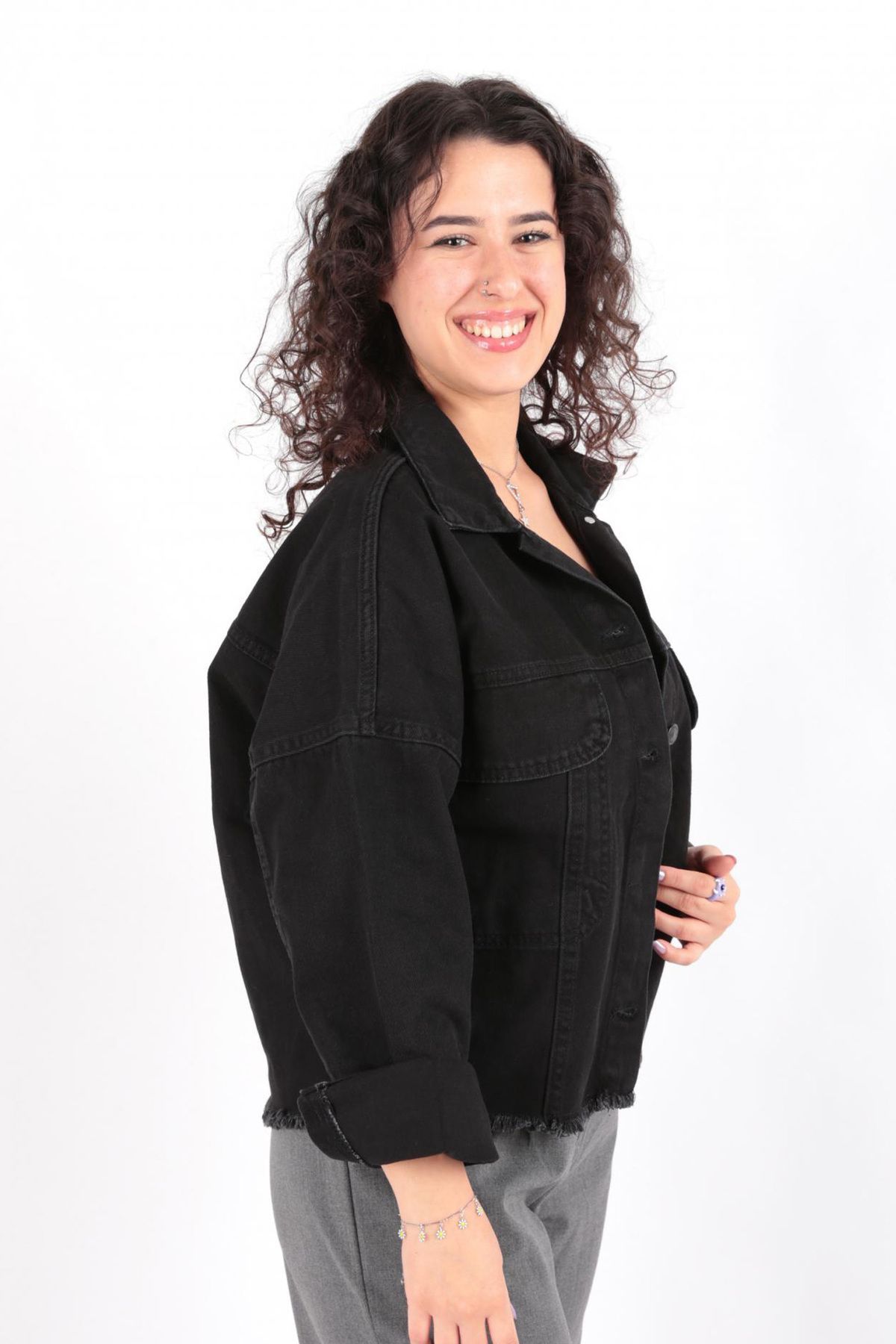 Hadise-5175 Model - Denim Jacket with Double Pockets and Tassels 3