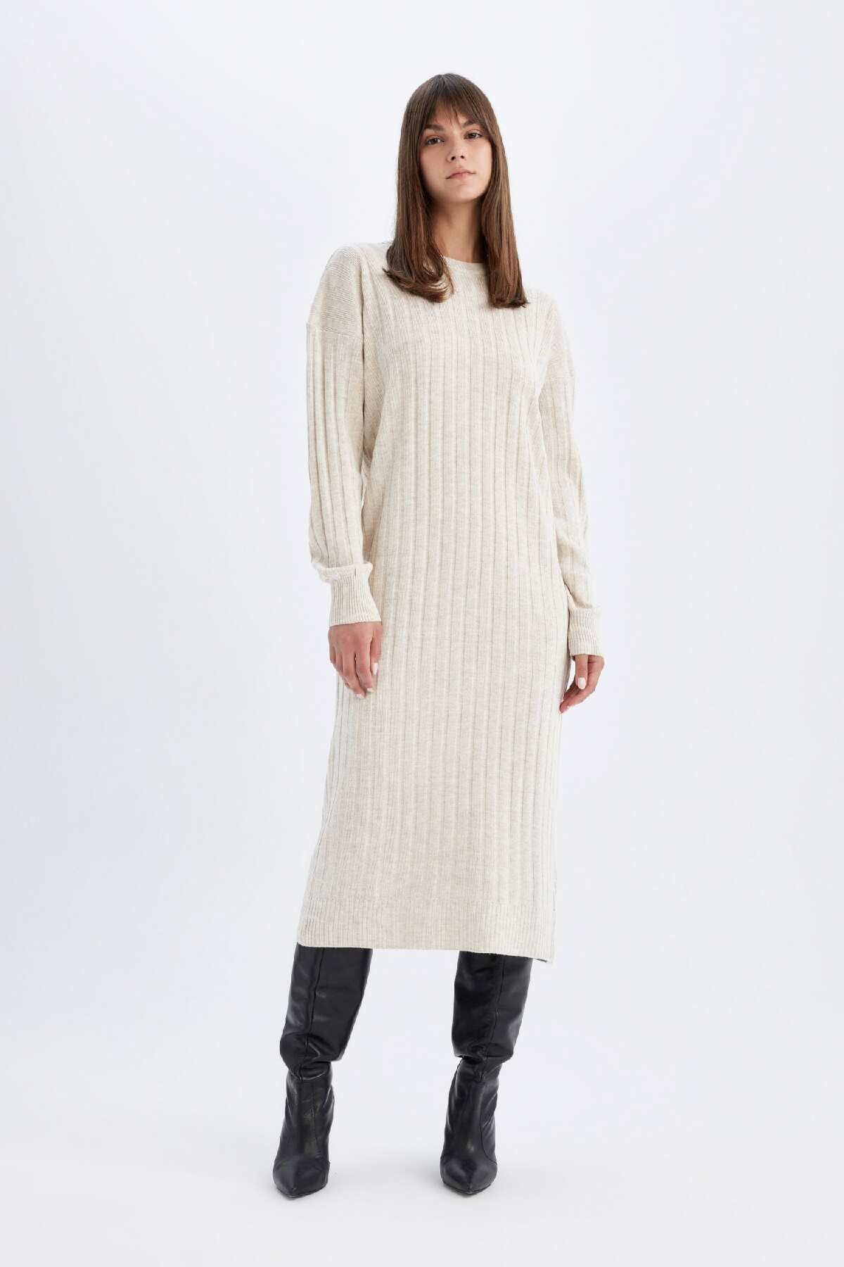 Regular Fit Yarım Balıkçı Yaka Basic Düz Uzun Kollu Triko Elbise W0986az24wn - 3