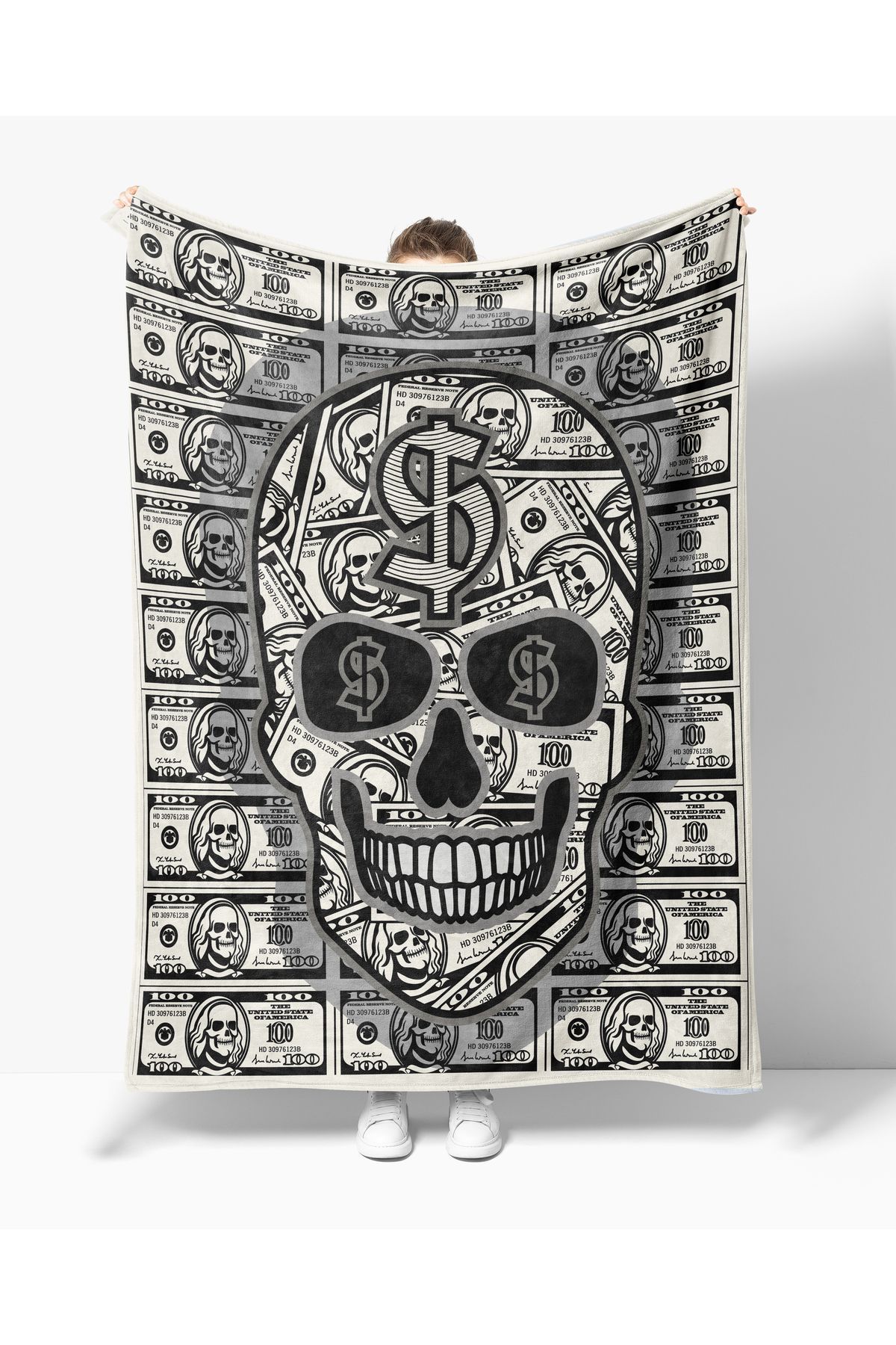 Erays Home Pătură Tv Polar - Model Dollar Scull Și Imprimat - 140 x 170