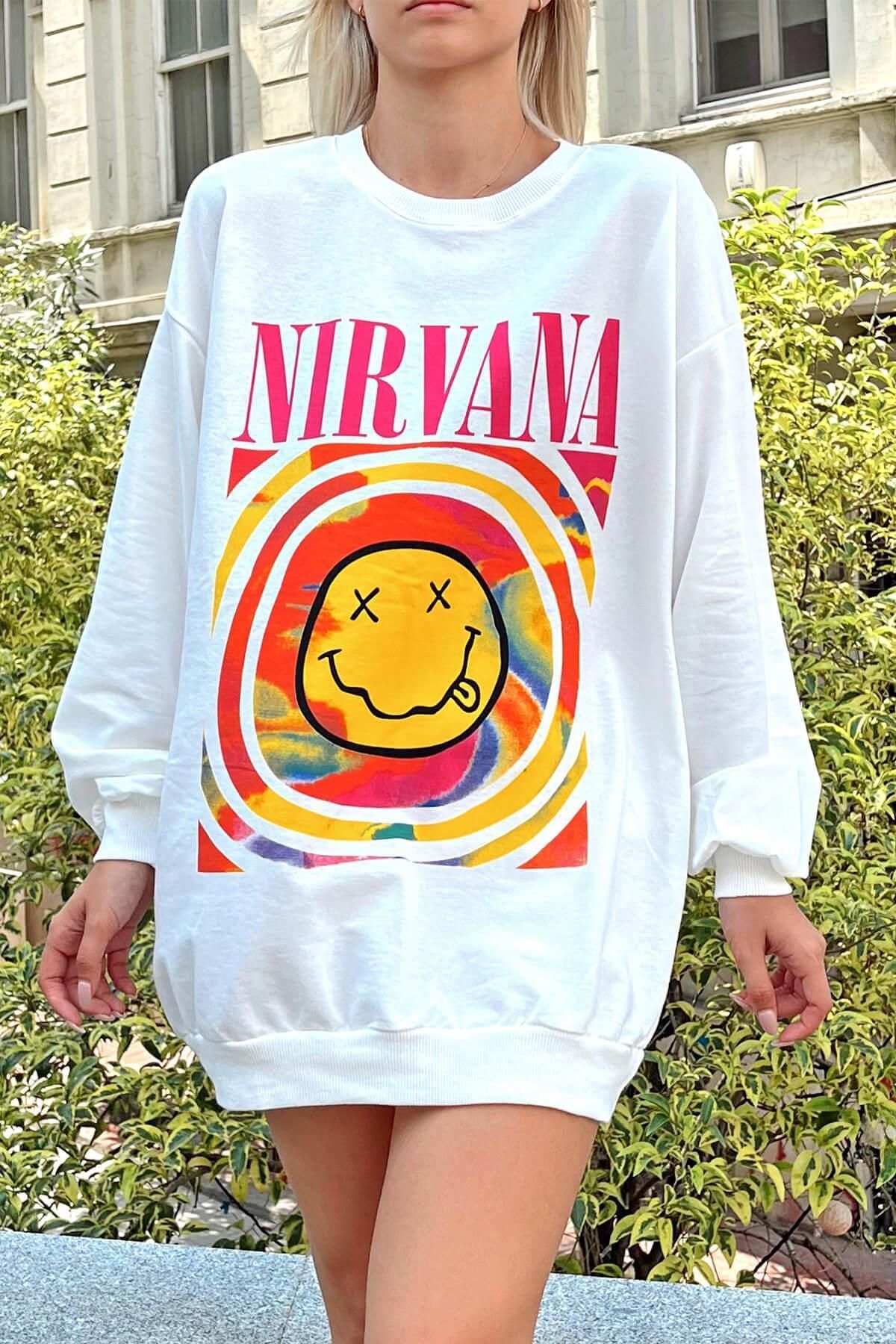 Swist-Weißes Nirvana bedrucktes Damen-Sweatshirt mit Rundhalsausschnitt 3