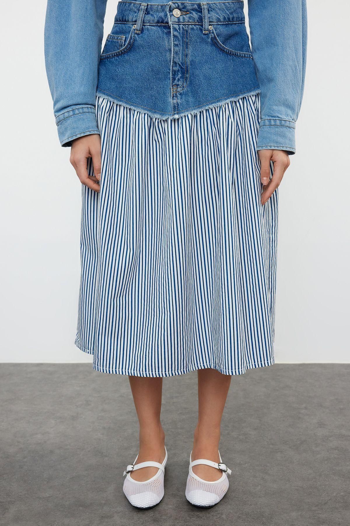 Alternative view of Moda Denim Düz Desen Günlük Midi Boy Renk Bloklu Yüksek Bel Midi Denim Etek