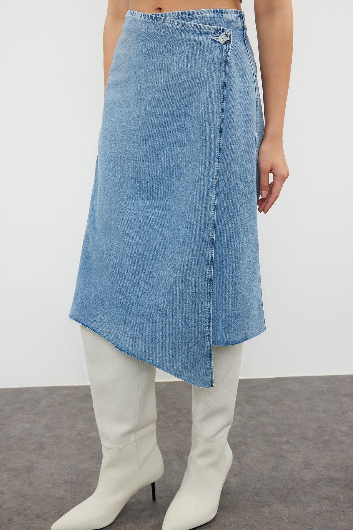 Moda Regular Düz Desen Günlük More Sustainable Püsküllü Midi Denim Etek - Görsel 4