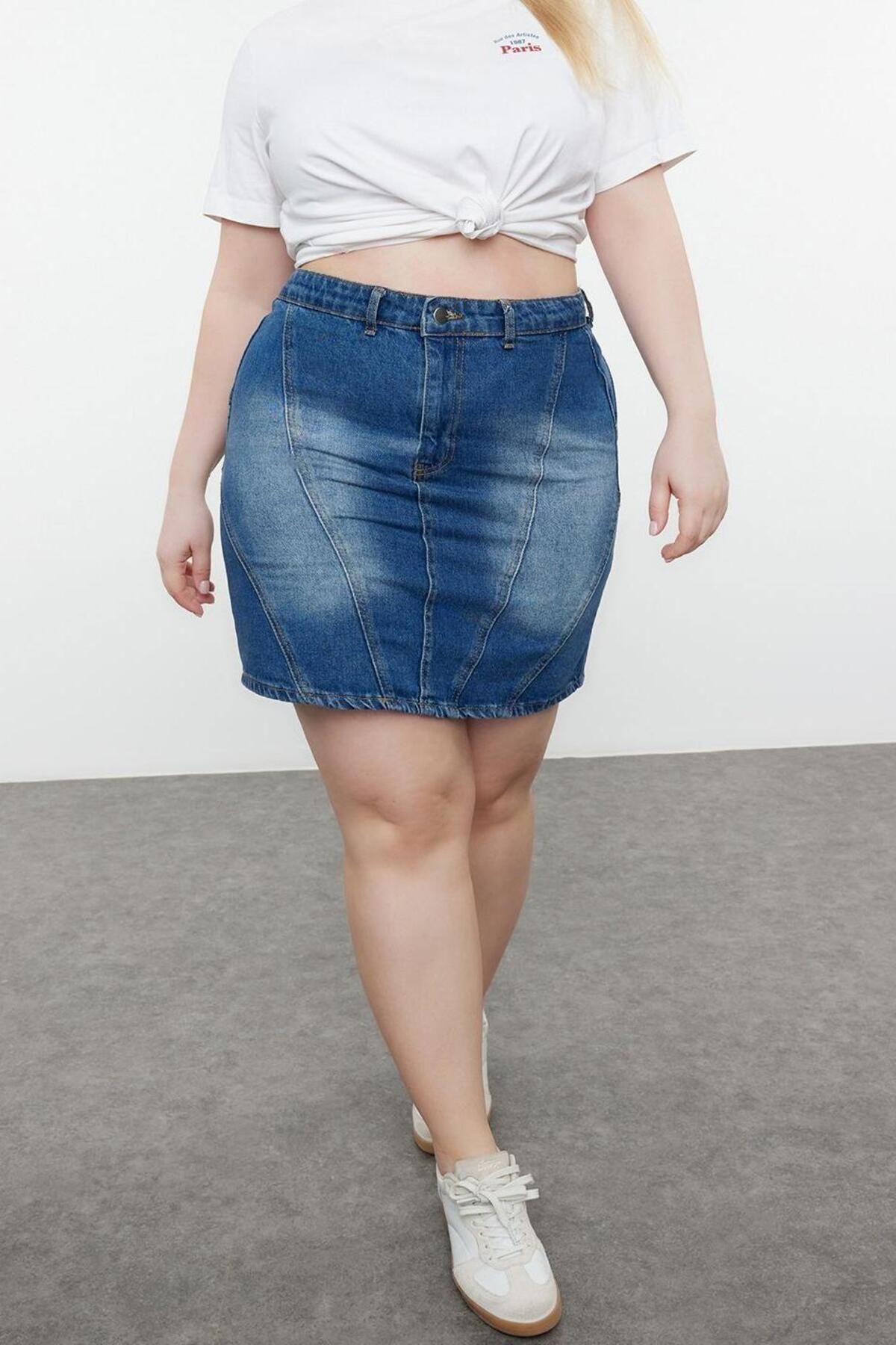 Moda Büyük Beden Regular Düz Desen Günlük Mini Boy Denim Büyük Beden Etek - Görsel 3