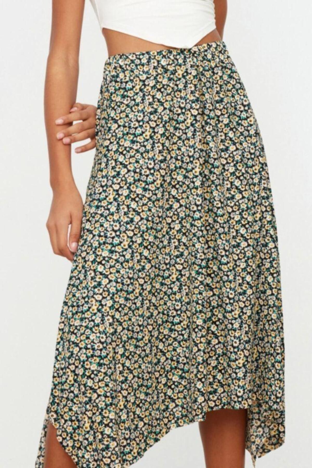 Moda Relaxed Animal Desen Günlük Midi Boy Leopar Desenli Volanlı Asimetrik Midi Esnek Örme Etek - Görsel 3