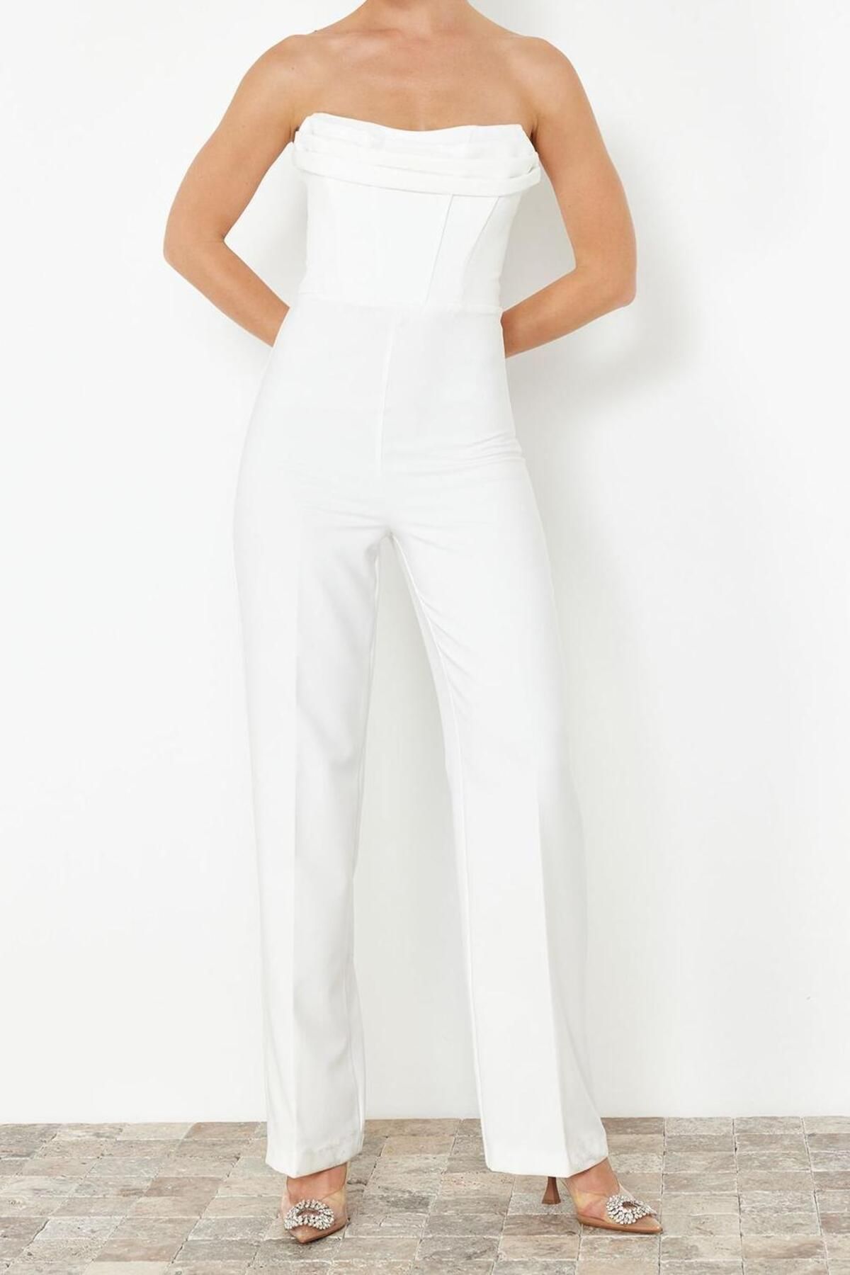 Kadın Moda Standart Kol Geniş Paça Straplez Düz Desen Regular Korse Detaylı Dokuma Tulum - Görsel 3