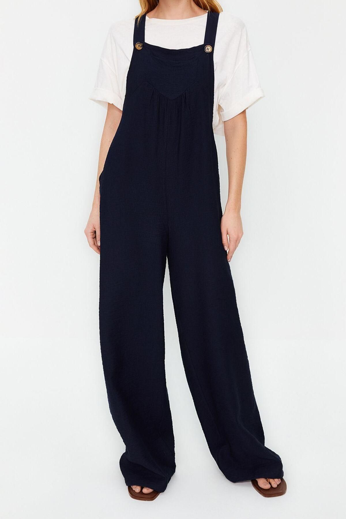 Kadın Moda Standart Kol Geniş Paça Kare Yaka Uzun Jile Form Keten Görünümlü Bol Paça Dokuma Tulum - Görsel 4