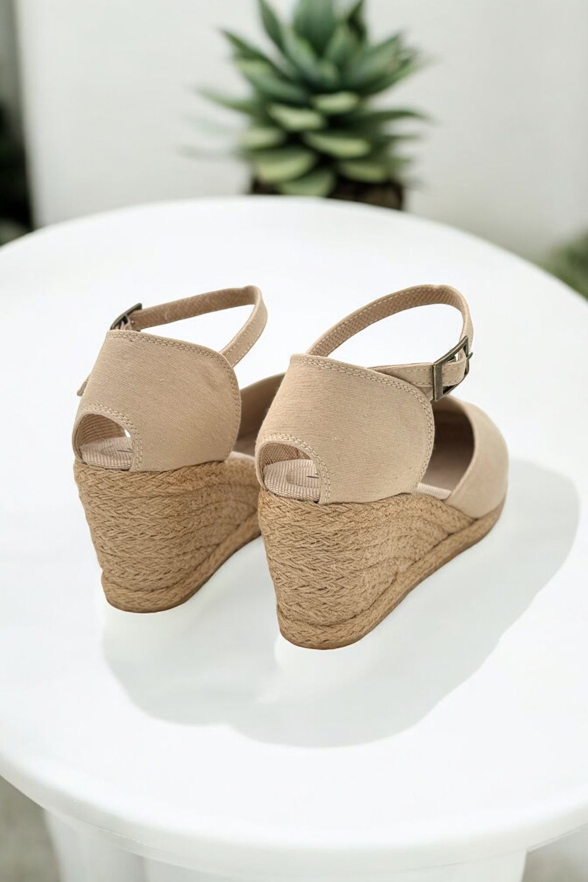 Y&D Shoes Dolgu Topuk Arkası Açık Keten Sandalet görsel 6