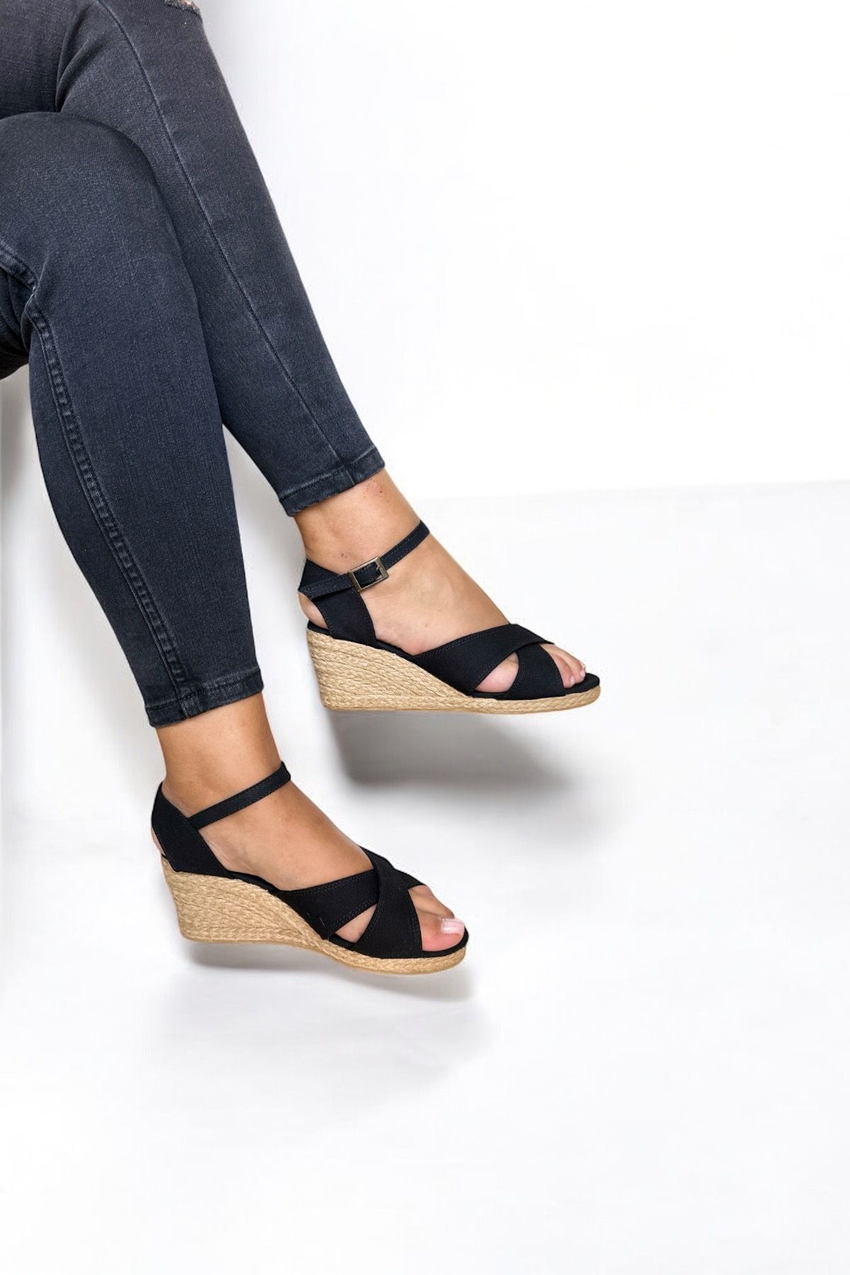 Y&D Shoes Dolgu Topuk Çapraz Keten Sandalet Espardil