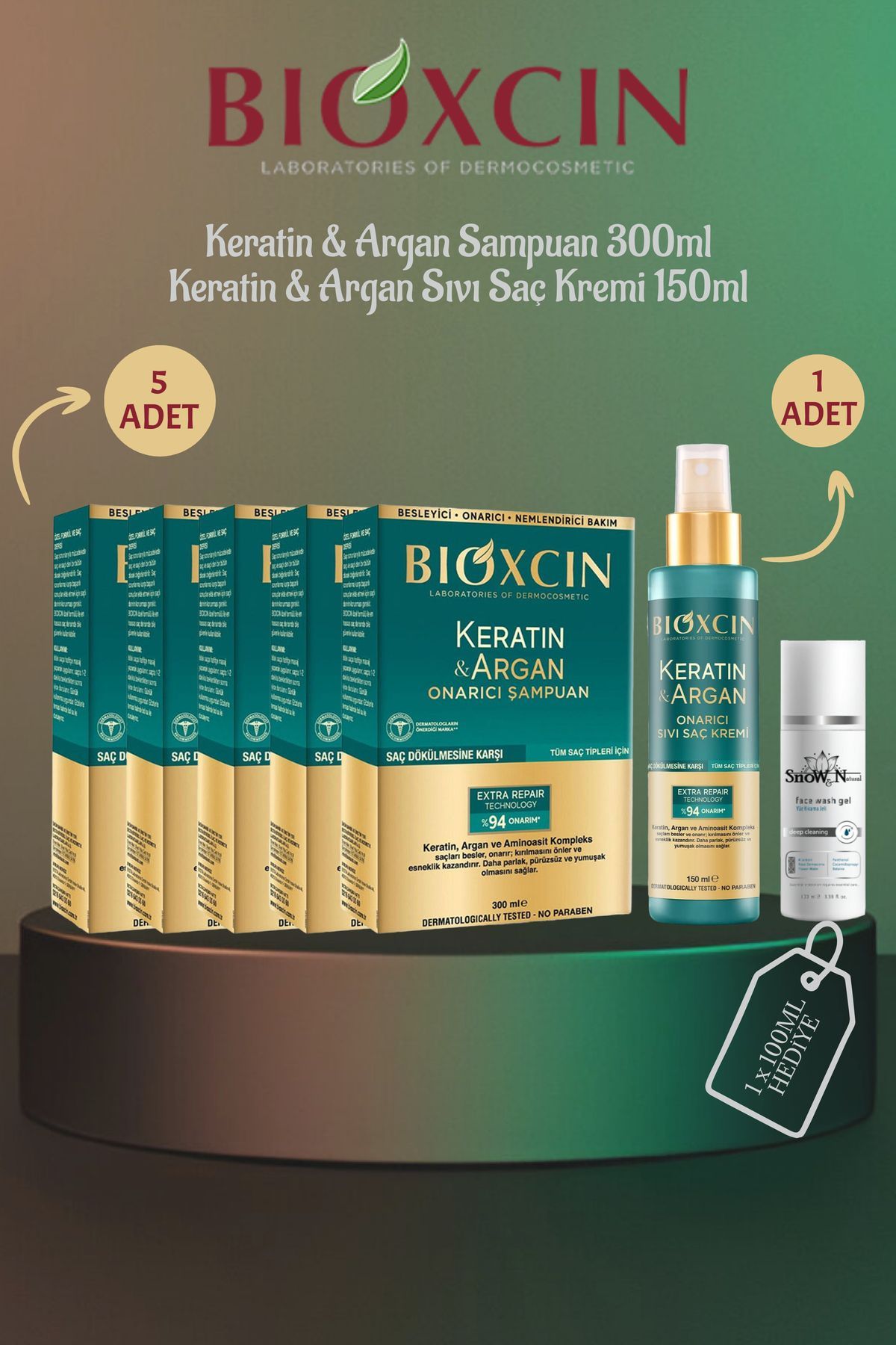 شامپو کراتین و آرگان 300 میلی لیتر 5 عدد + 1 نرم کننده مو 150 میلی لیتر + 1 ژل ست هدیه Bioxcin