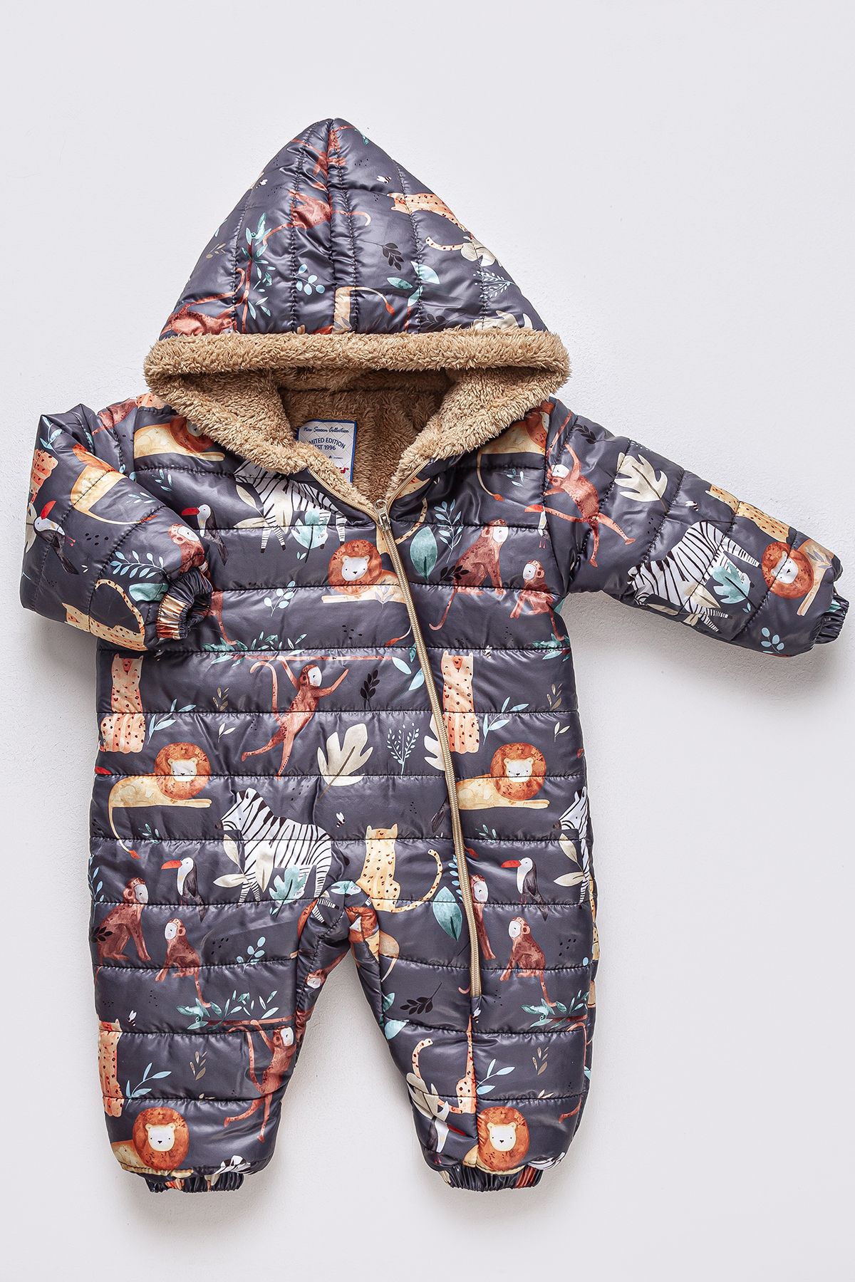 Safari Patterned Furry Hooded Baby Boy Night Blue Astronaut Cosmonaut Jumpsuit