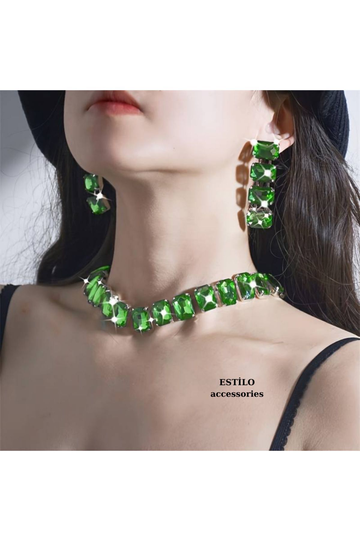 Yeşil Kristal Taşlı Model Lüks Takı Seti Nişan Seti Davet Seti Hediye Takı Seti