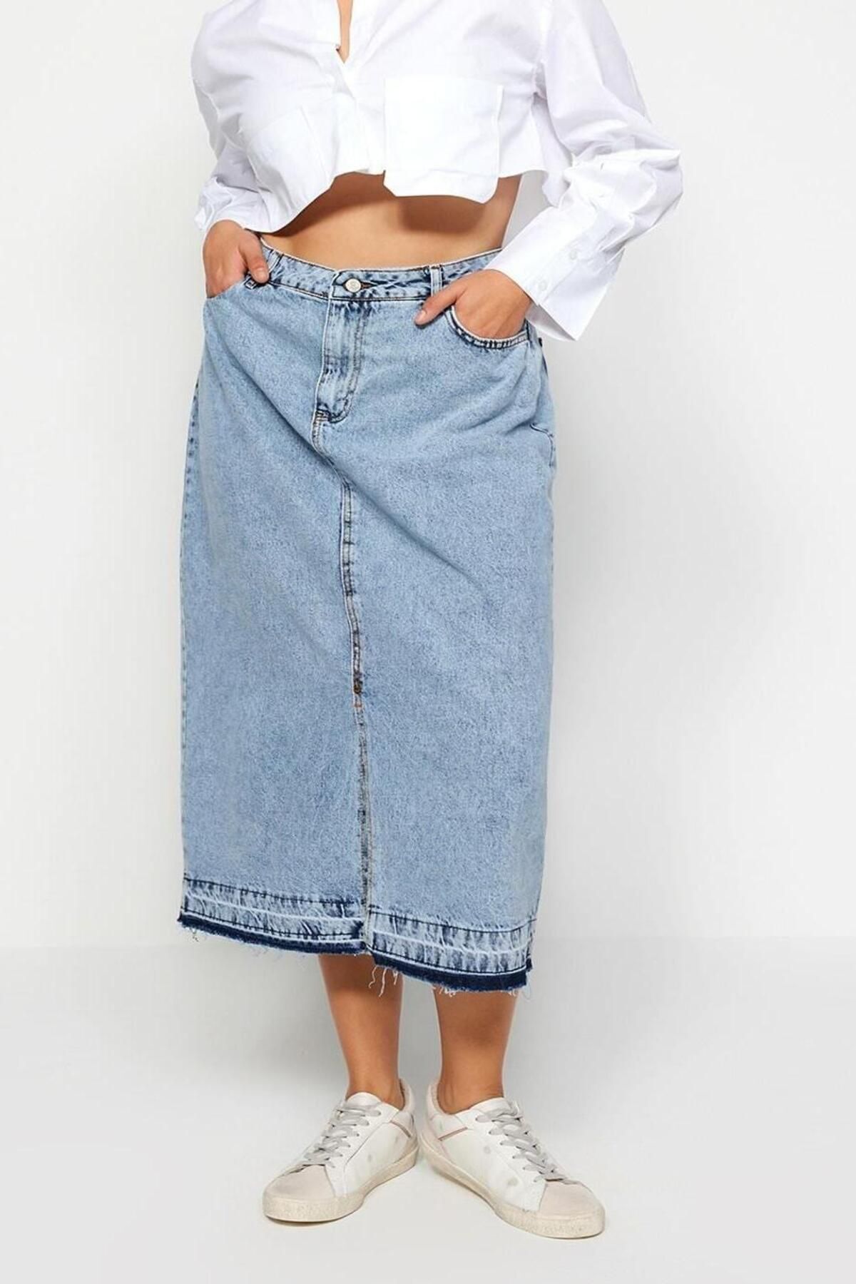 Moda Büyük Beden Regular Düz Desen Günlük Midi Boy Ön Yırtmaçlı Denim Etek - Görsel 4