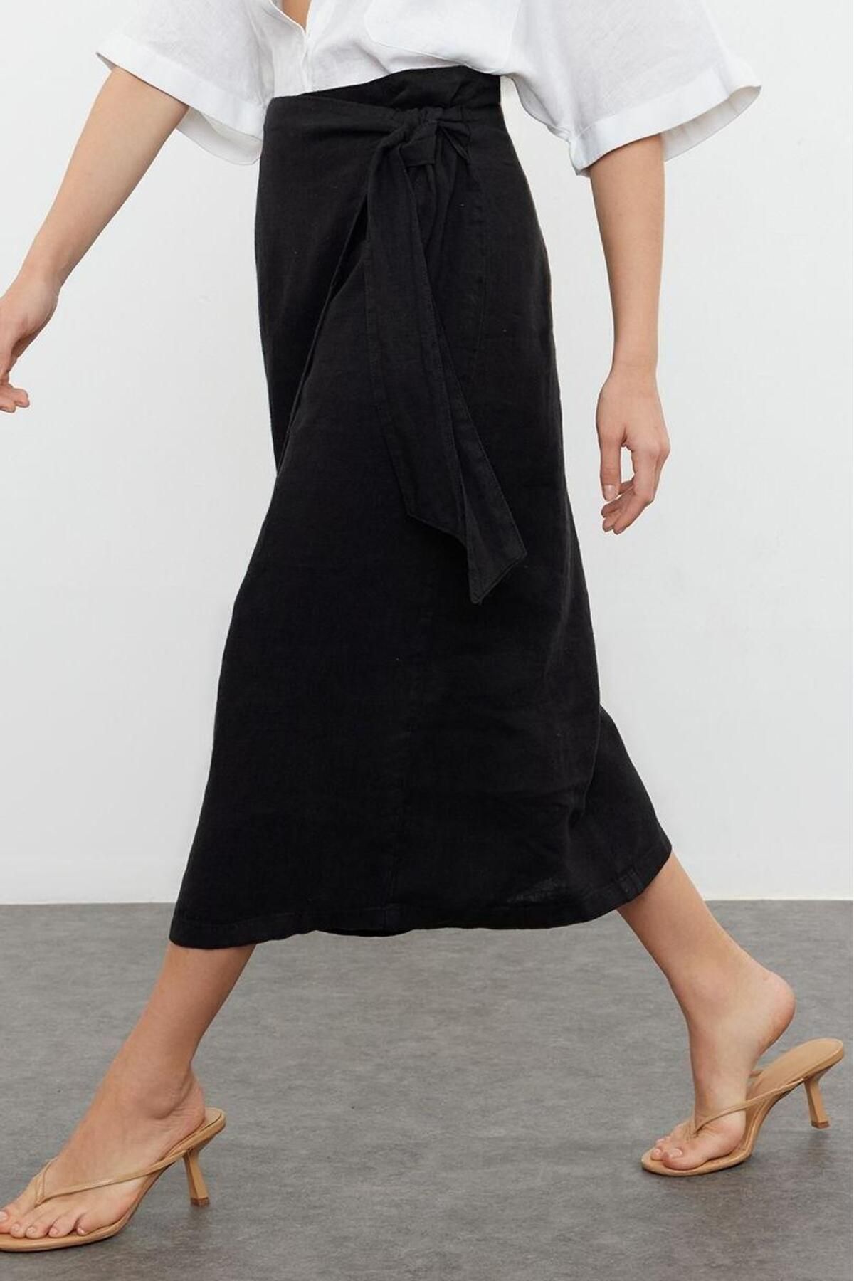 Kadın Keten Midi Etek Düz Desen Kalem Kalıp Yazlık Rahatlık Günlük Kullanım Modern Tasarım - Görsel 3