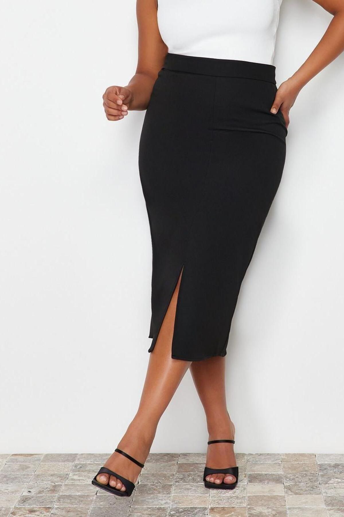 Moda Büyük Beden Regular Düz Desen Günlük Midi Boy Yüksek Bel Midi Dokuma Etek - Görsel 4