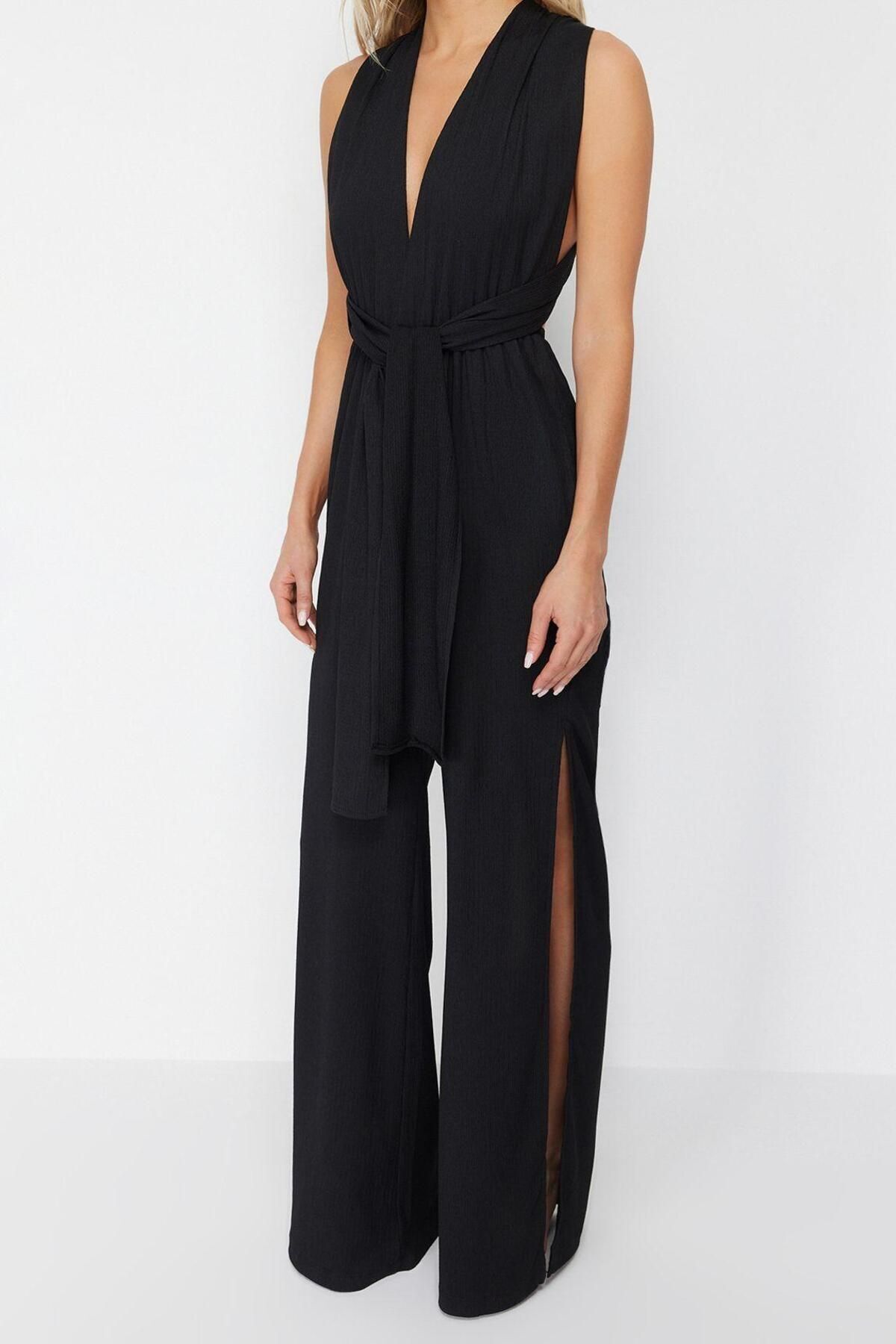 Kadın Moda Standart Kol Geniş Paça V Yaka Düz Desen Uzun Dokuma Sırt Dekolteli Tulum - Görsel 4