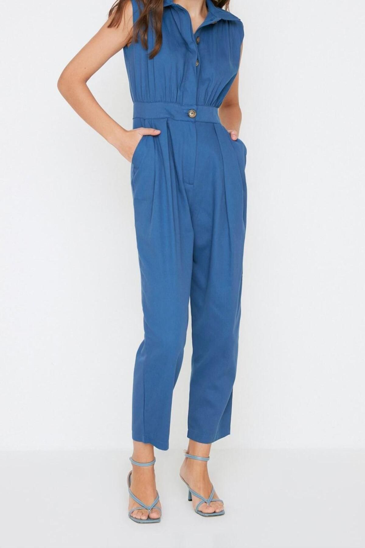 Kadın Moda Standart Kol Geniş Paça Gömlek Yaka Maxi Gömlek Yaka Kolsuz Gabardin Dokuma Tulum - Görsel 3