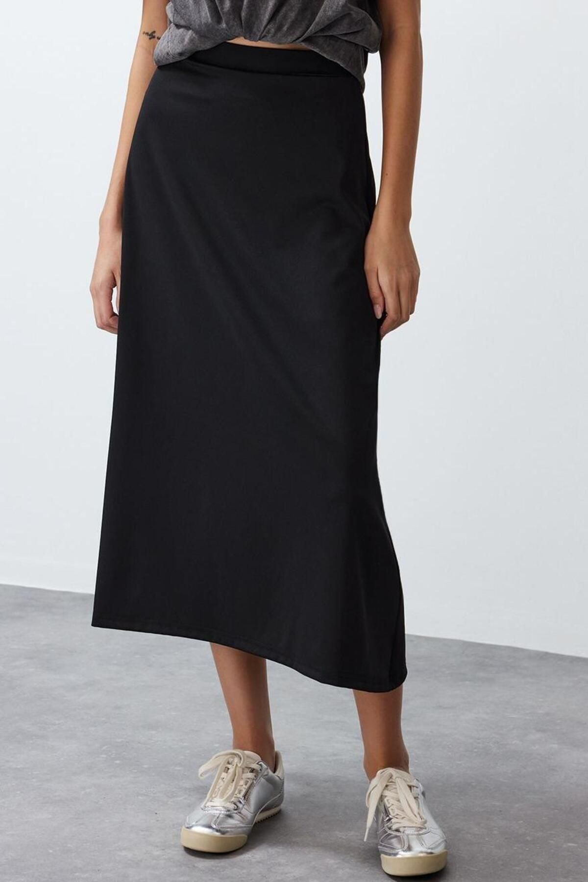 Moda Regular Düz Desen Günlük Midi Boy Dokuma Etek - Görsel 3