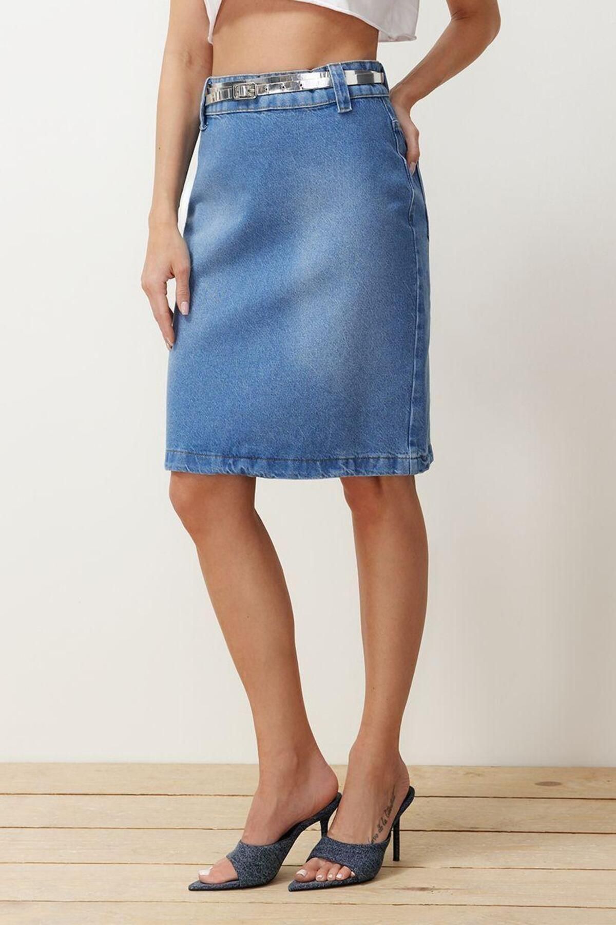 Moda Denim Düz Desen Günlük Midi Boy Yırtmaçlı Midi Denim Etek - Görsel 4