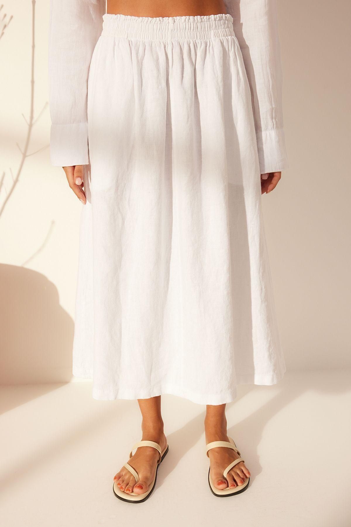 Kadın Keten Midi Etek Basic Siluet Rahat Günlük Kullanım Hafta Sonu Yaz Aylarının Vazgeçilmezi - Görsel 4
