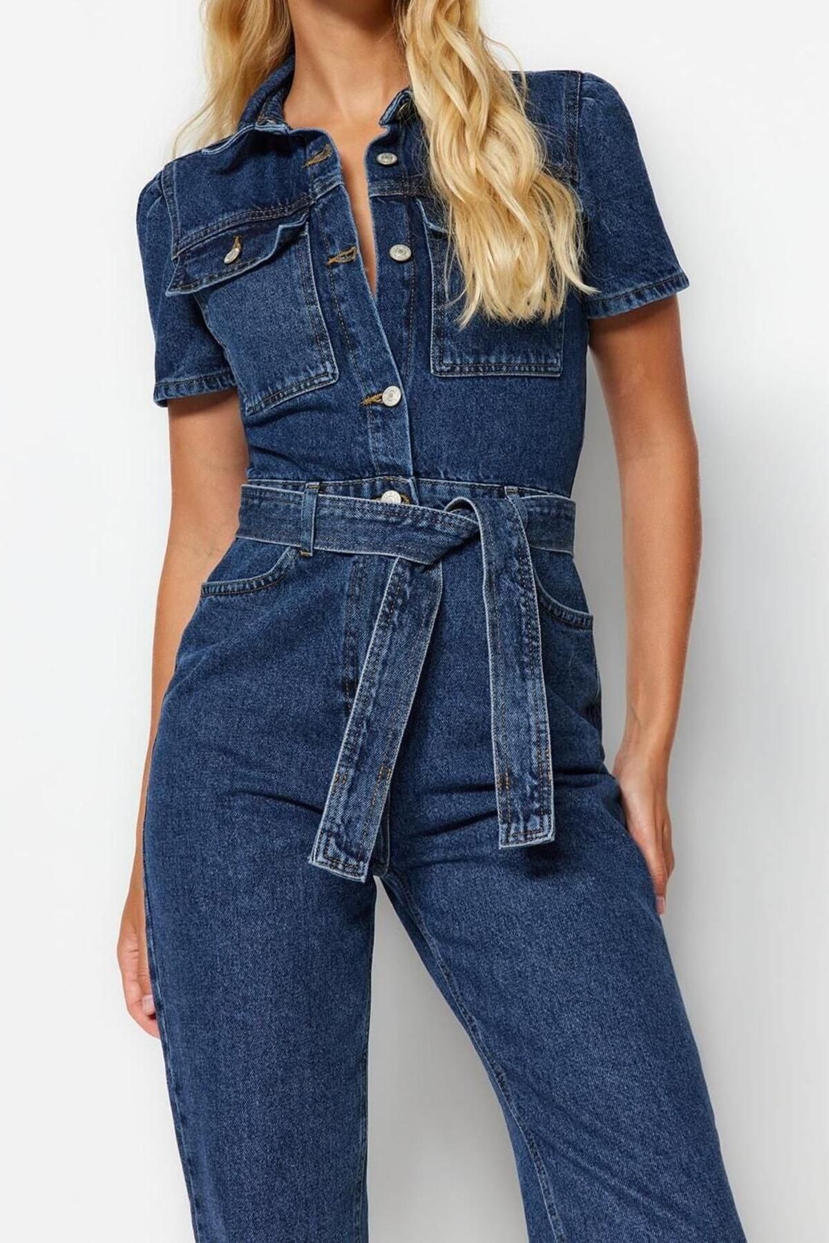 Kadın Moda Standart Kol Boru Paça Ceket Yaka Düz Desen Uzun Kemerli Denim Tulum - Görsel 4