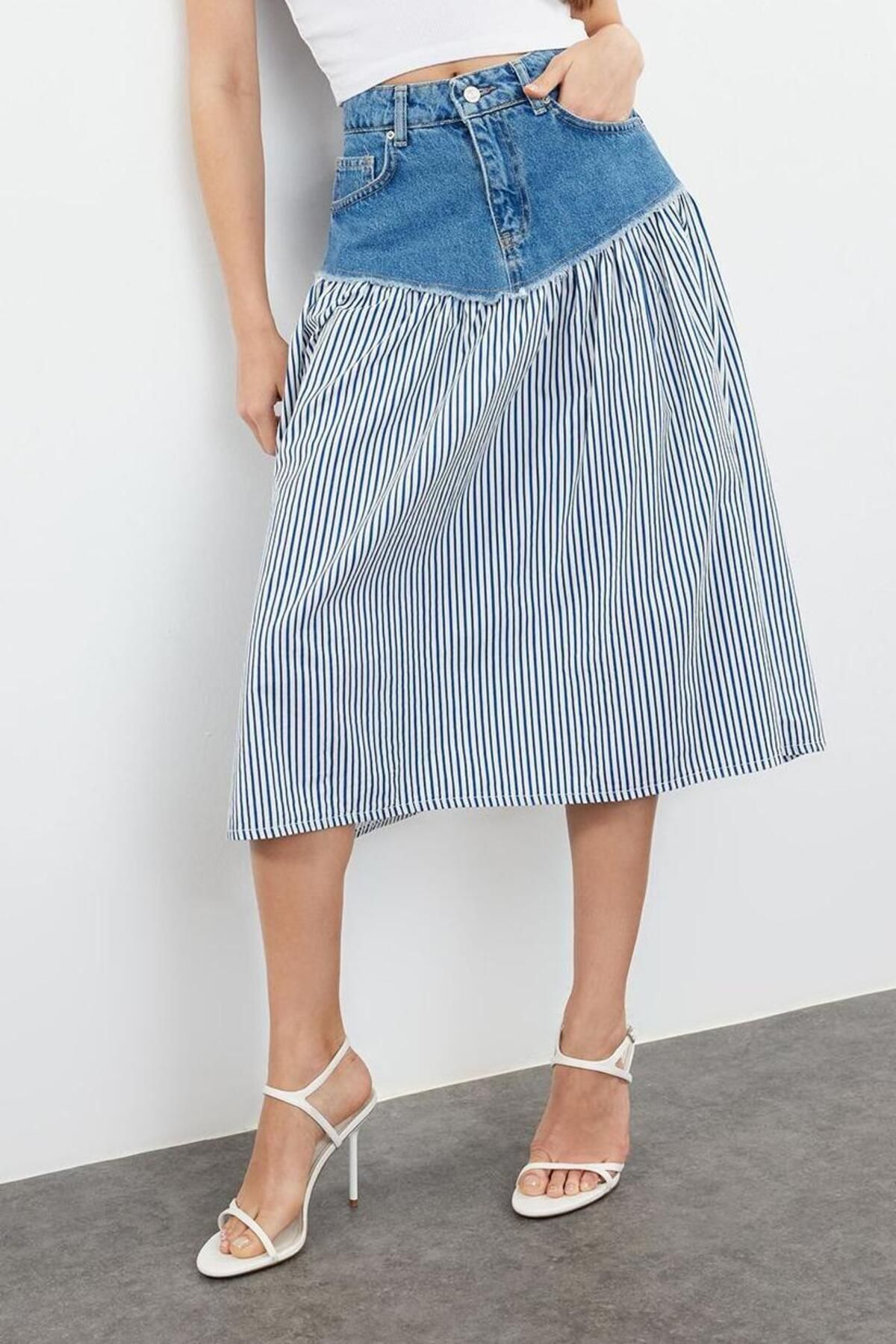 Moda Denim Düz Desen Günlük Midi Boy Renk Bloklu Yüksek Bel Midi Denim Etek - Görsel 3