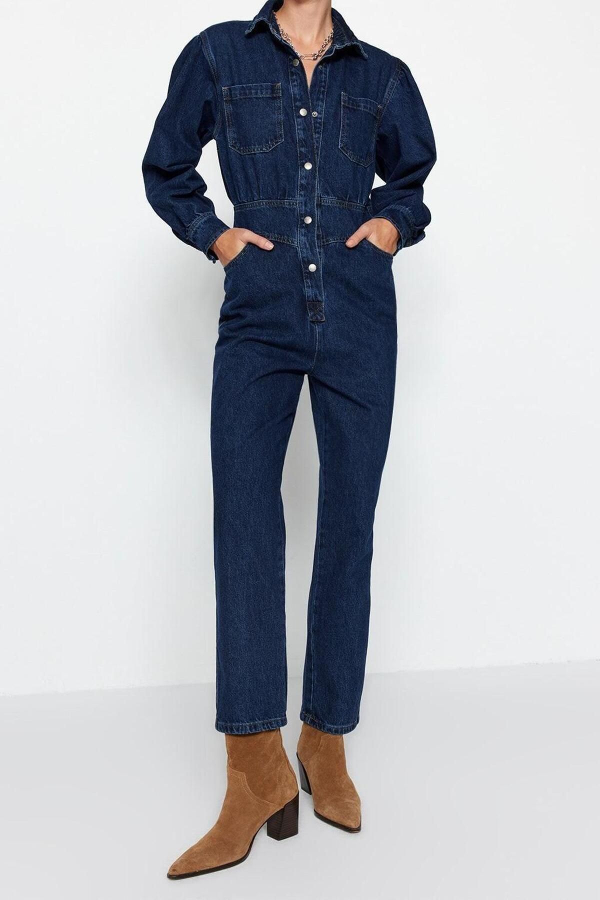 Kadın Moda Standart Kol Dar Paça Ceket Yaka Düz Desen Uzun Balon Kollu Denim Tulum - Görsel 4