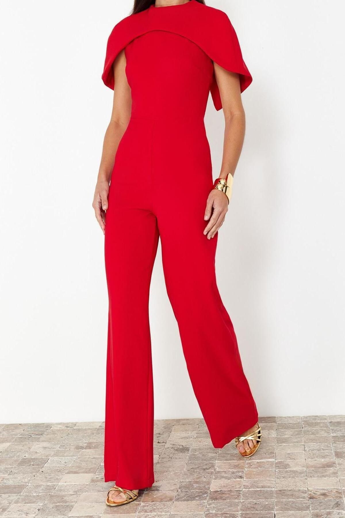 Kadın Moda Standart Kol Geniş Paça Bisiklet Yaka Düz Desen Regular Pelerin Detaylı Dokuma Şık Tulum - Görsel 3