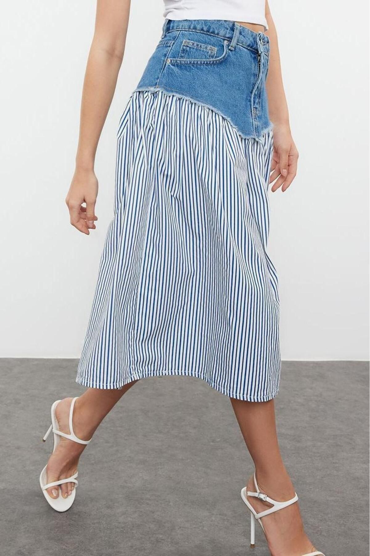 Moda Denim Düz Desen Günlük Midi Boy Renk Bloklu Yüksek Bel Midi Denim Etek - Görsel 4