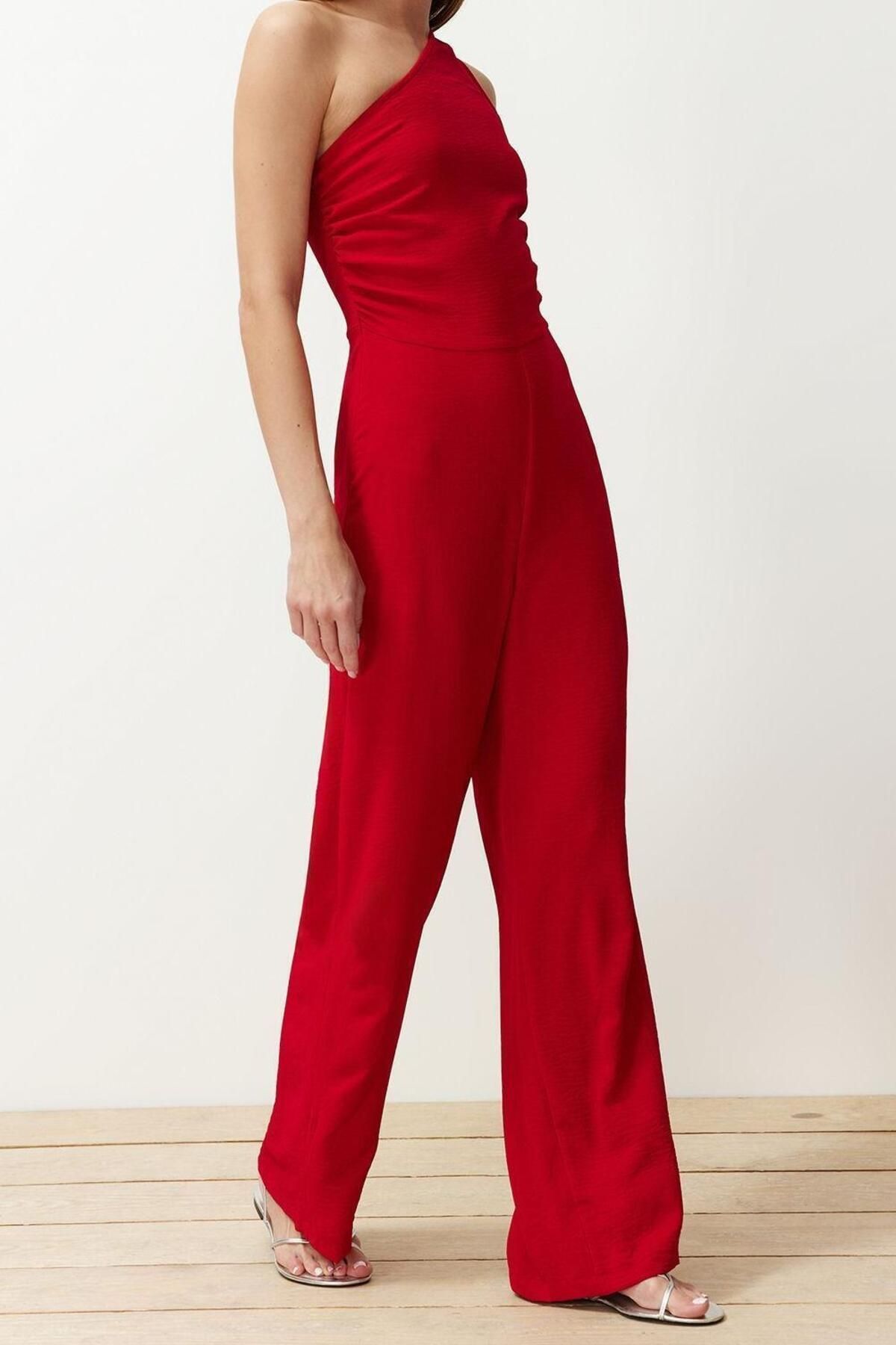 Kadın Moda Tek Kol Boru Paça Asimetrik Yaka Düz Desen Uzun Tek Omuz Maxi Geniş Paça Dokuma Tulum - Görsel 4