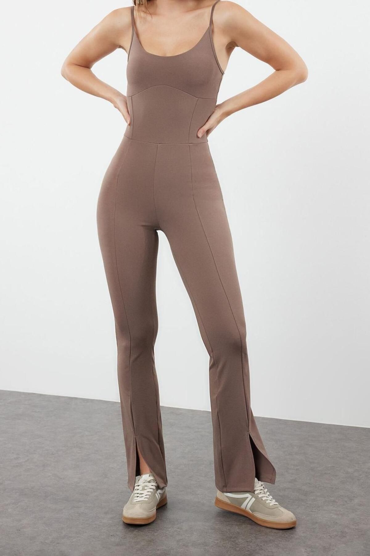 Kadın Moda İnce Askılı Geniş Paça Havuz Yaka Uzun Toparlayıcı İp Askılı Destekli Örme Spor Tulum - Görsel 4