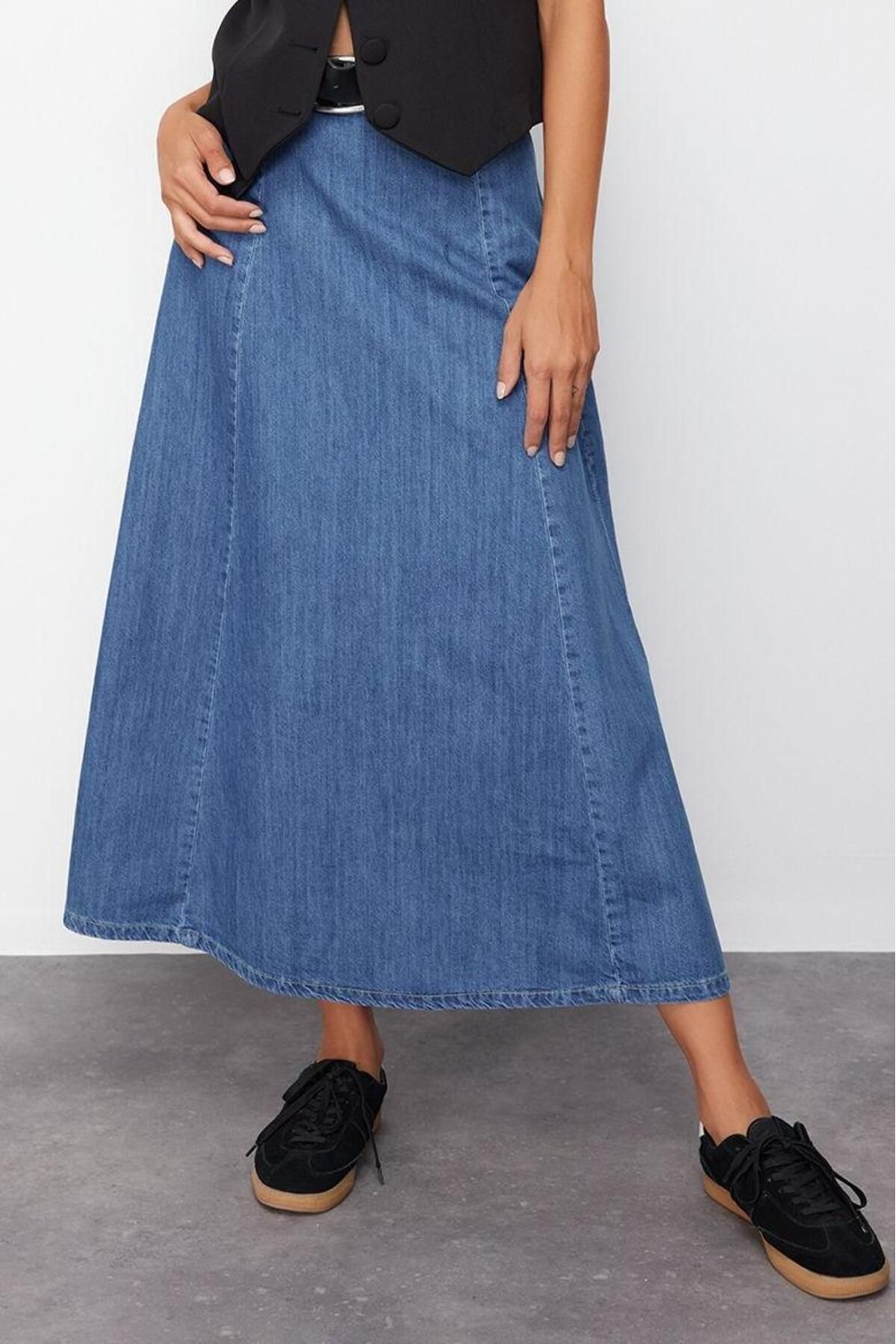 Moda Denim Düz Desen Günlük Midi Boy Yüksek Bel Midi Modest Denim Etek - Görsel 3