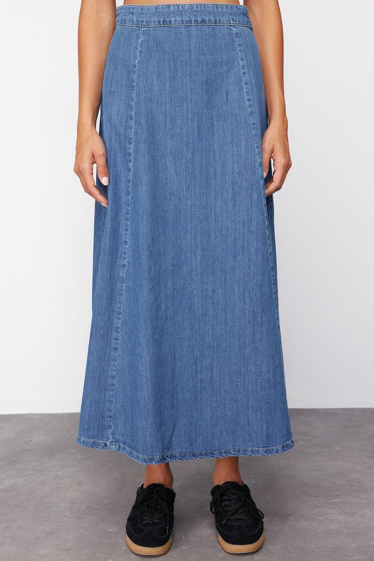 Alternative view of Moda Denim Düz Desen Günlük Midi Boy Yüksek Bel Midi Modest Denim Etek