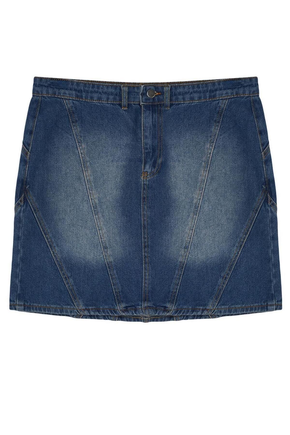 Alternative view of Moda Büyük Beden Regular Düz Desen Günlük Mini Boy Denim Büyük Beden Etek