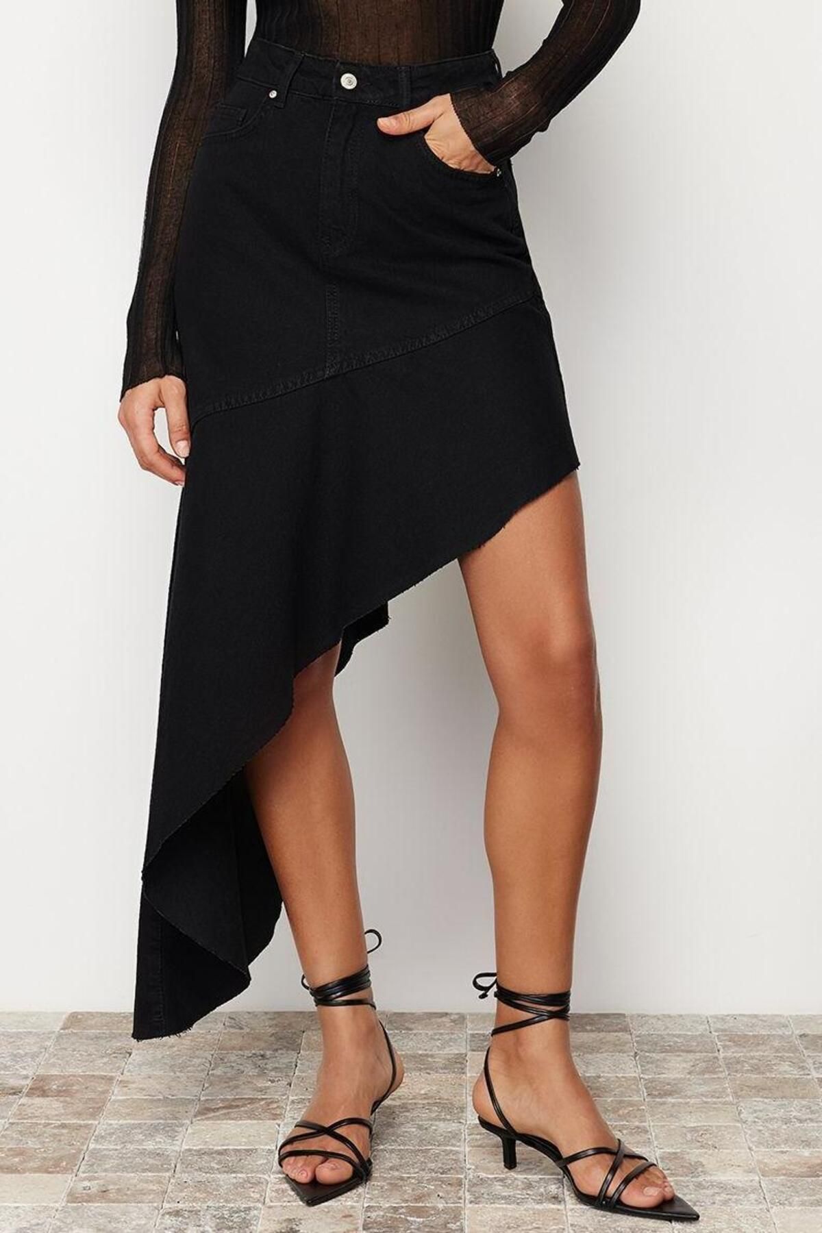 Moda Asimetrik Düz Desen Günlük Maxi Boy Asimetrik Yüksek Bel Maxi Denim Etek - Görsel 4