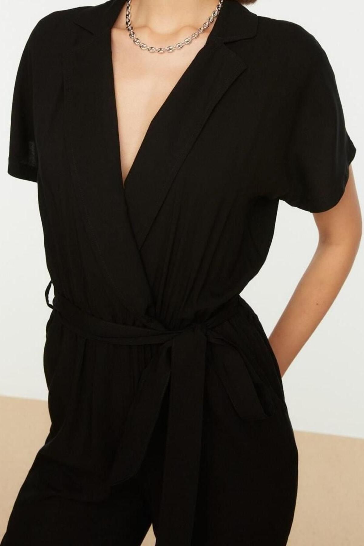 Kadın Moda Standart Kol Boru Paça Kruvaze Düz Desen Uzun Kuşaklı Dokuma Uzun Dökümlü Tulum - Görsel 4