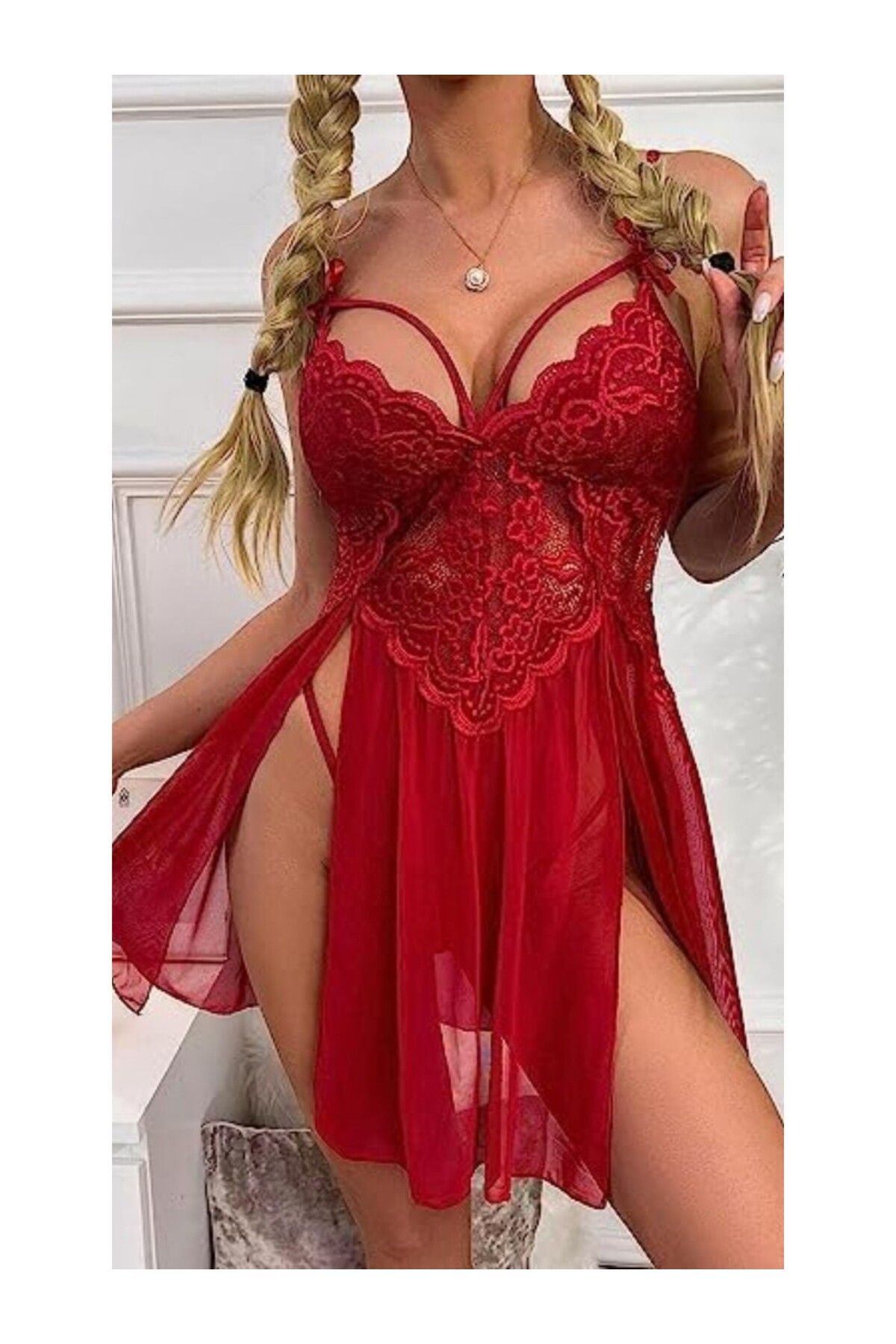 SİELONA KADIN KIRMIZI PARÇA TÜL DANTEL SEKSİ GECELİK TAKIMI