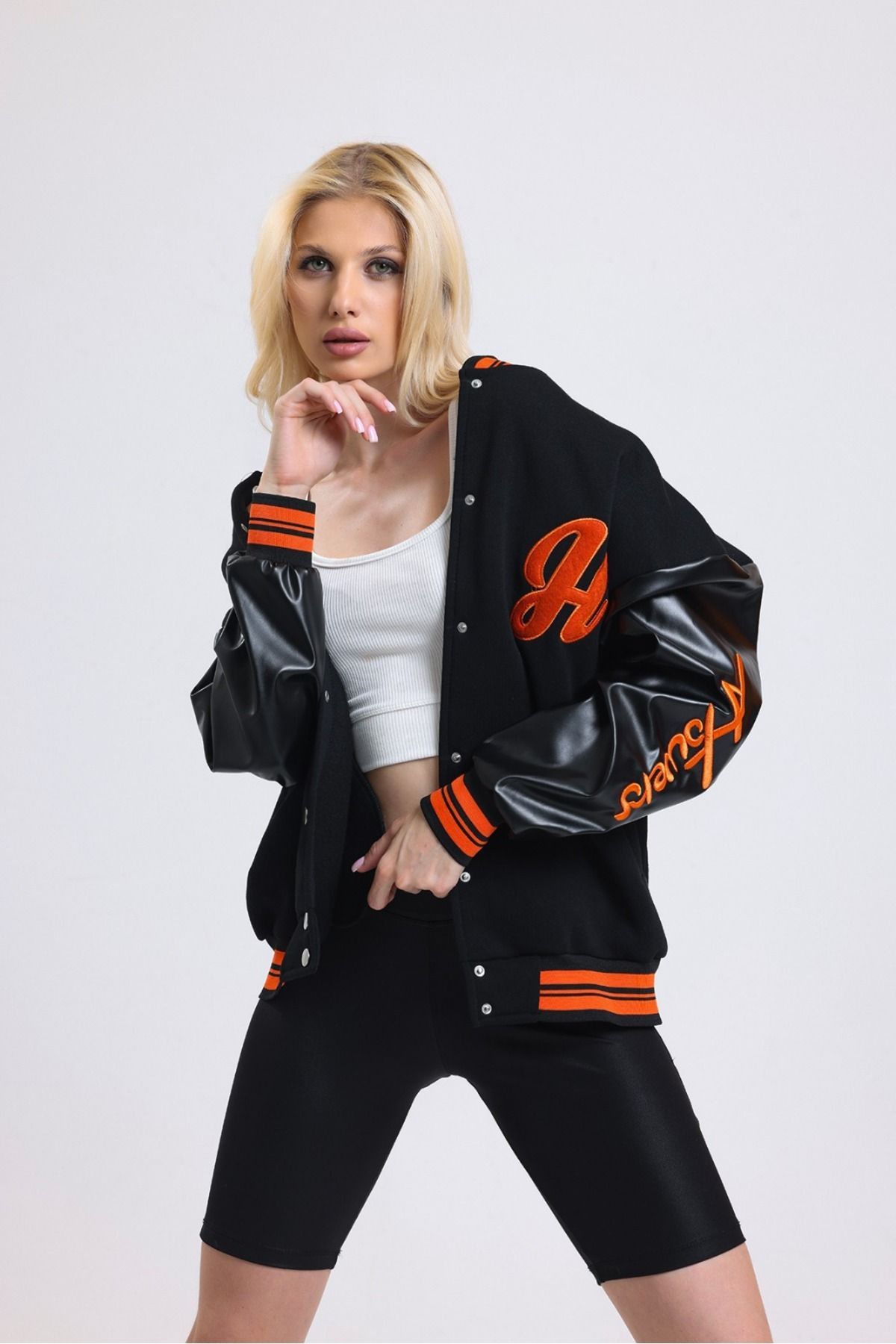 BELİNDA unisex oversize usa kapsonlu nakışlı cepli 3 iplik kolej ceket