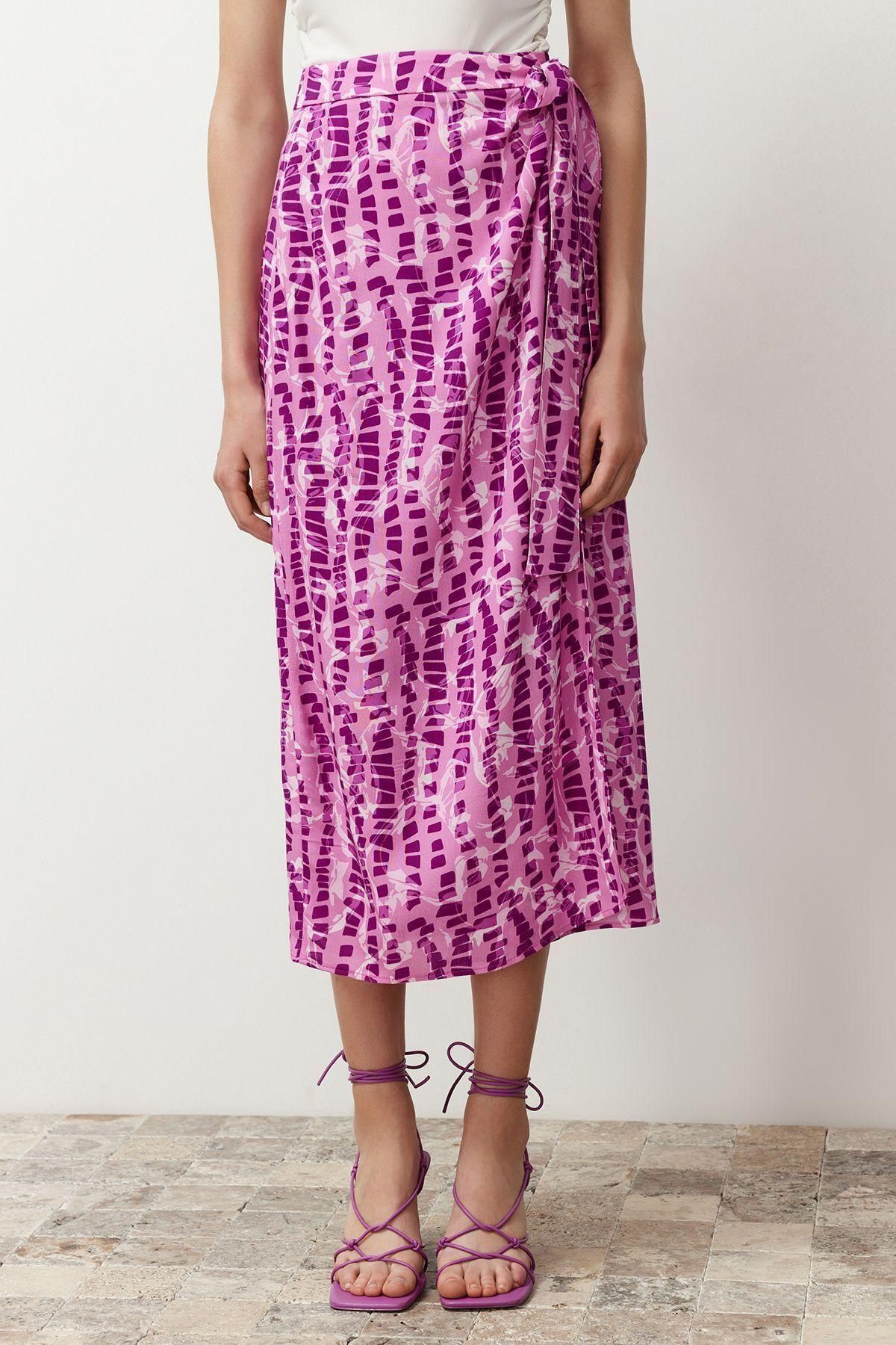 Kadın Çiçek Desenli Dokuma Midi Etek Sarong Stil Viskoz Nefes Alan Yazlık Günlük Kombinler - Görsel 3