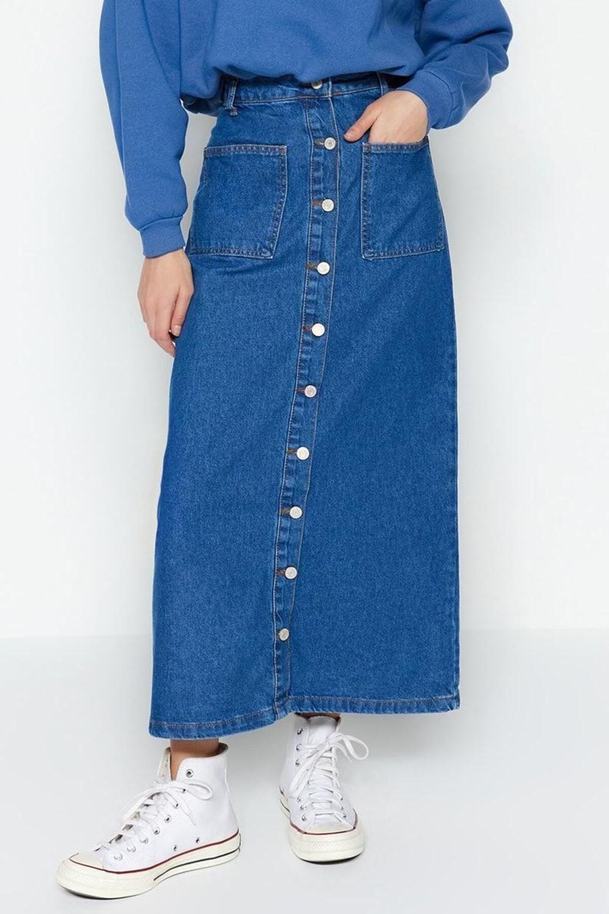 Kadın Önden Düğmeli Denim Maxi Etek Pamuk Casual Günlük Stil Hafta Sonu Yaz Aylarının Vazgeçilmezi - Görsel 3
