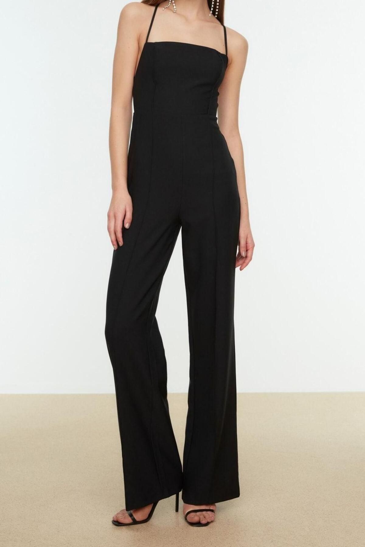 Kadın Moda Standart Kol Geniş Paça Kare Yaka Düz Desen Regular Dokuma Tulum - Görsel 4