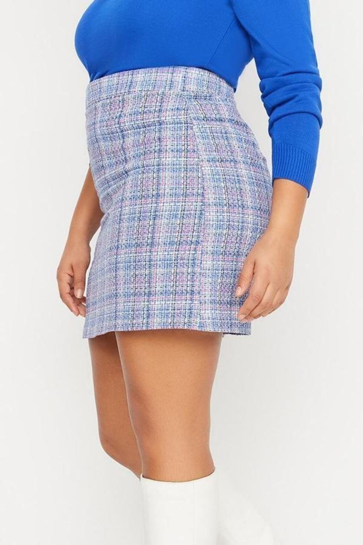 Moda Büyük Beden Regular Ekose Desen Günlük Mini Boy Ekose Şönil Dokuma Etek - Görsel 4