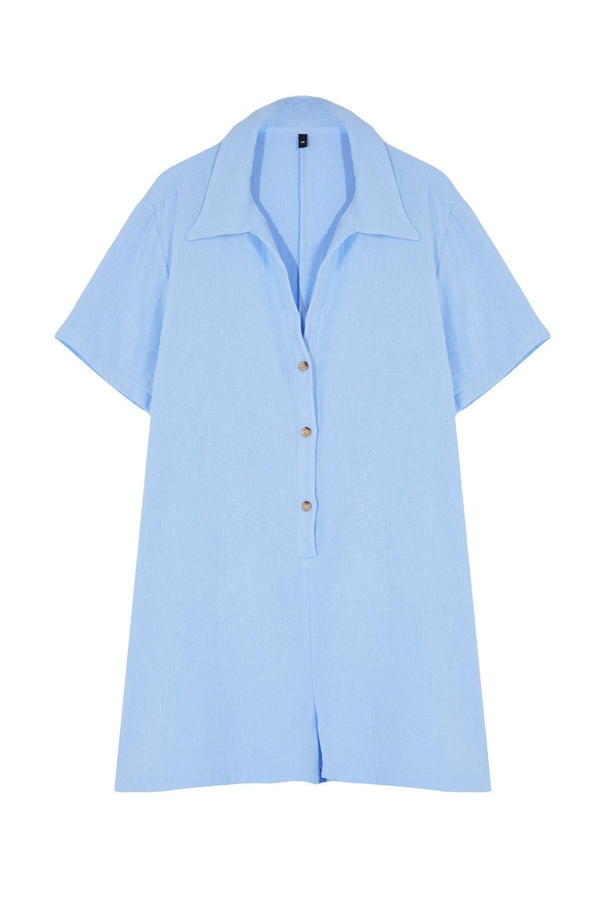 Kadın Moda Standart Kol Boru Paça Hakim Yaka Kısa Geniş Kalıp Dokuma Müslin 0 Pamuklu Tulum - Görsel 3