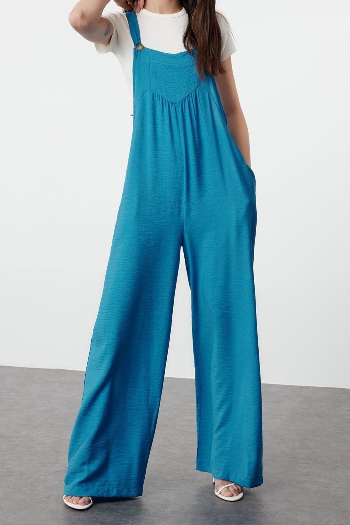 Kadın Moda Standart Kol Geniş Paça Kare Yaka Uzun Jile Form Keten Görünümlü Bol Paça Dokuma Tulum - Görsel 3