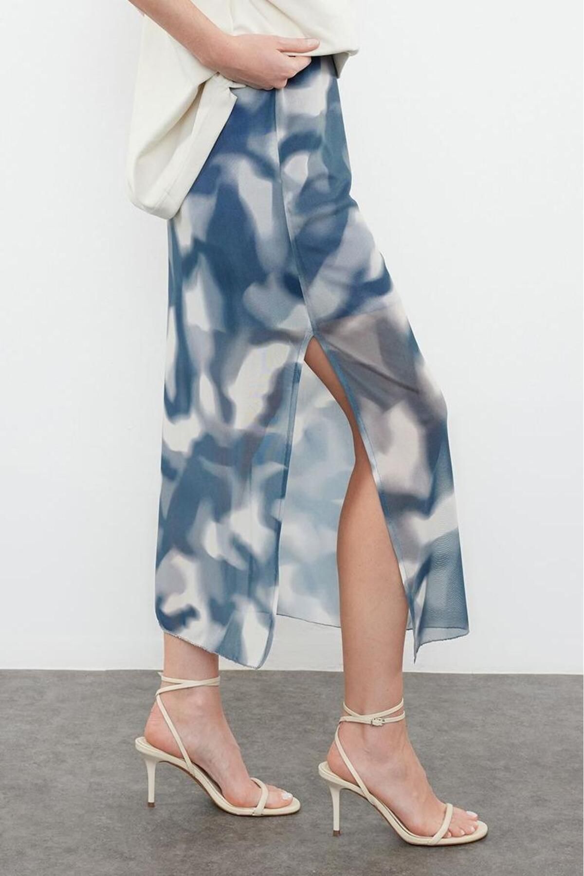 Kadın Kalem Etek Astarlı Maxi Boy Örme Tül Yaz İç Göstermeyen Soyut Desenli Günlük Kullanım - Görsel 3