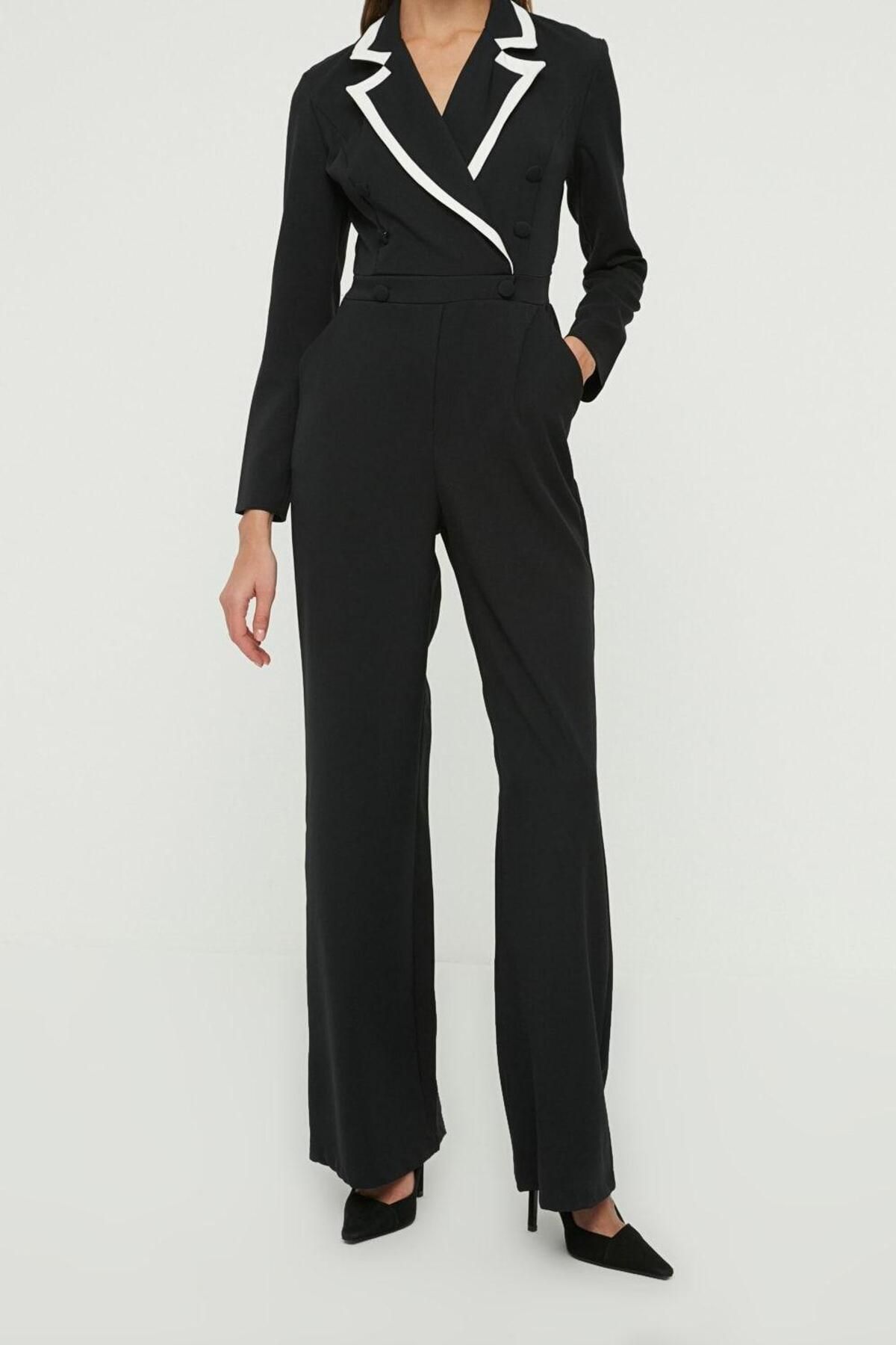 Kadın Moda Standart Kol Boru Paça Ceket Yaka Düz Desen Uzun Düğmeli Dokuma Tulum - Görsel 3