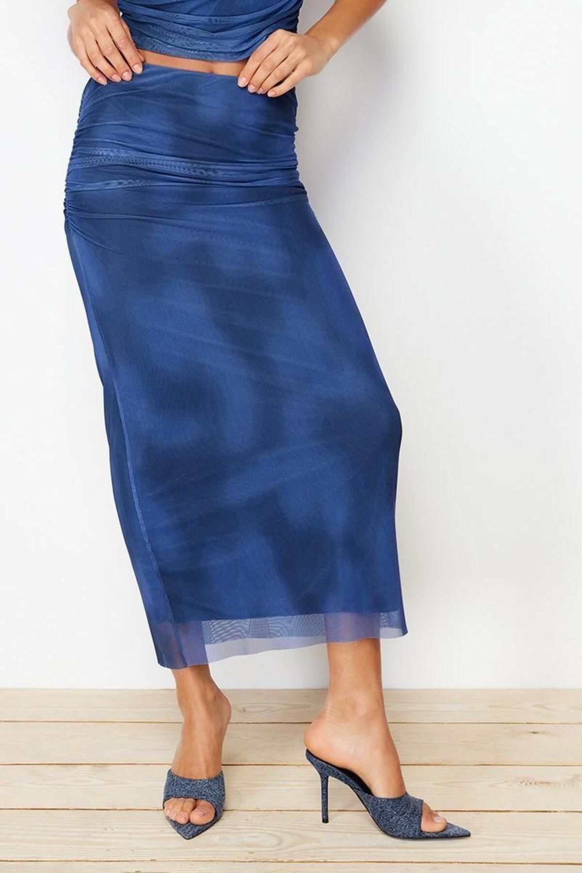 Kadın Örme Maxi Etek; Soyut Desen Kalem Kalıp Beli Lastikli Astarlı Yaz Aylarının Vazgeçilmezi - Görsel 3