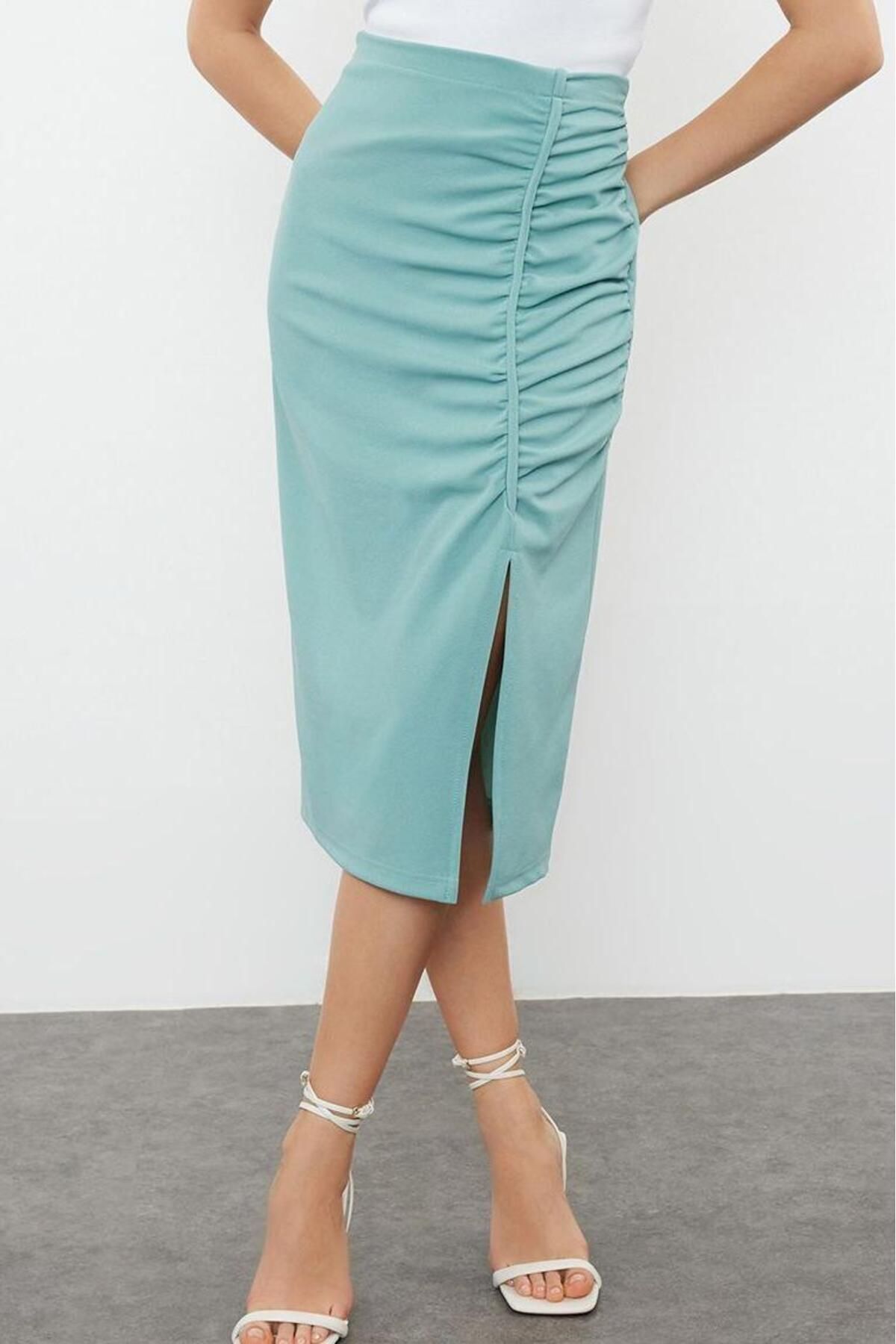 Kadın Krep Kumaş Midi Etek Yüksek Bel Yırtmaçlı Örme Günlük Kullanım Yaz Aylarının Vazgeçilmezi - Görsel 3